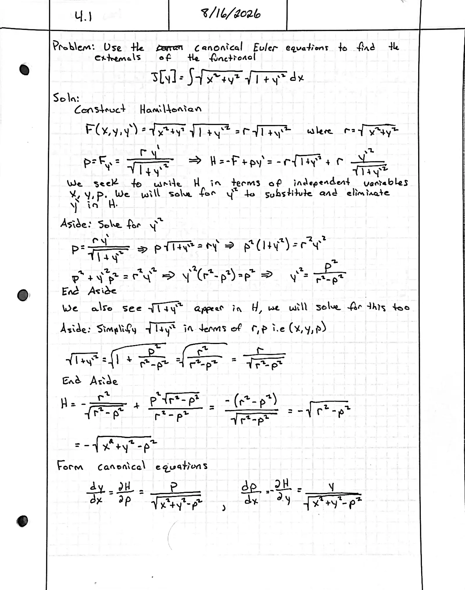 Handwritten solution, page 1 of 2. Use the canonical Euler equations to find the extremals of ∫ √(x² + y²) √(1 + y′²) dx