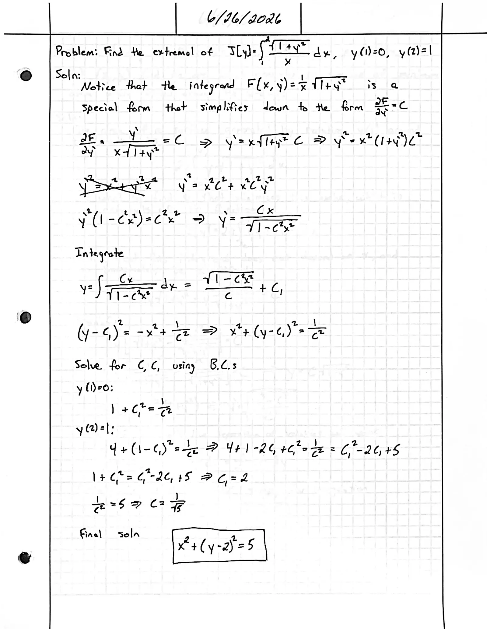 Handwritten solution, page 1 of 1. Find the extremal of ∫ √(1 + y′²)/x dx with fixed endpoints