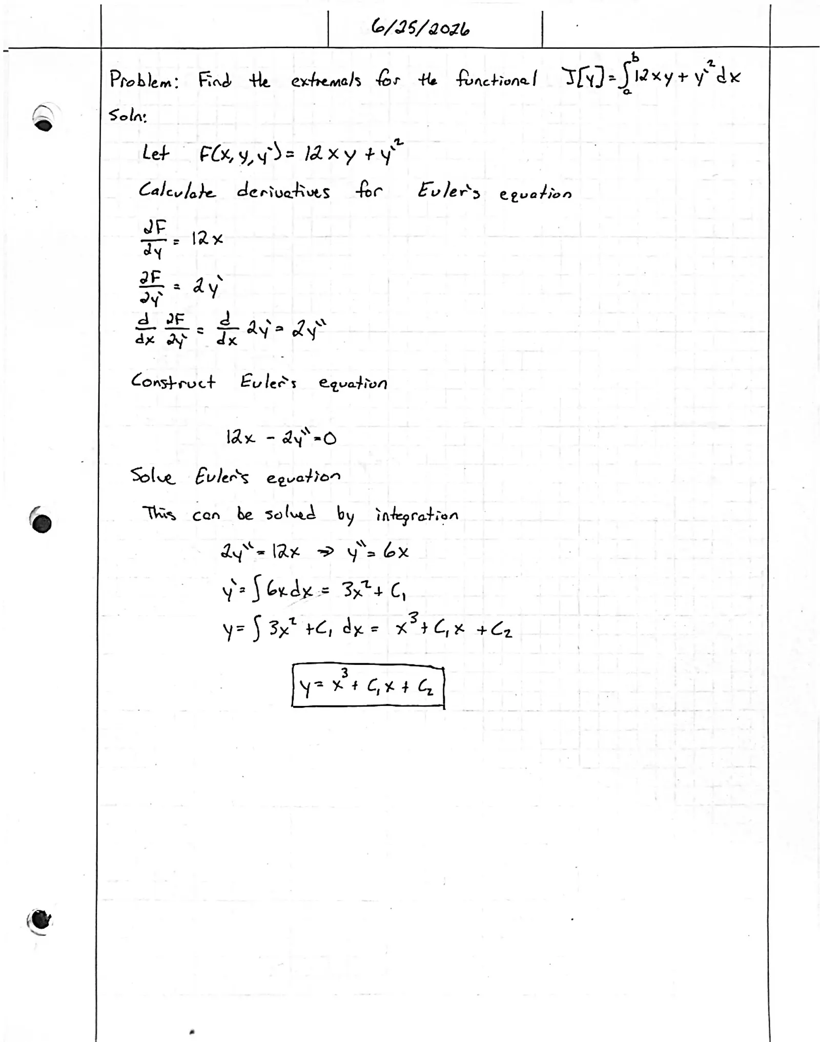 Handwritten solution, page 1 of 1. Find the extremals of ∫ (12xy + y′²) dx