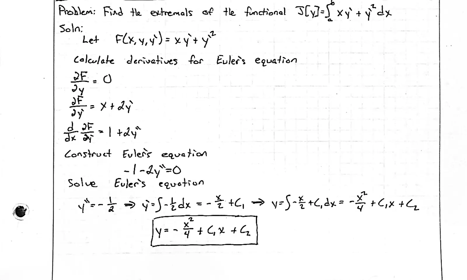 Handwritten solution, page 1 of 1. Find the extremals of ∫ (xy′ + y′²) dx