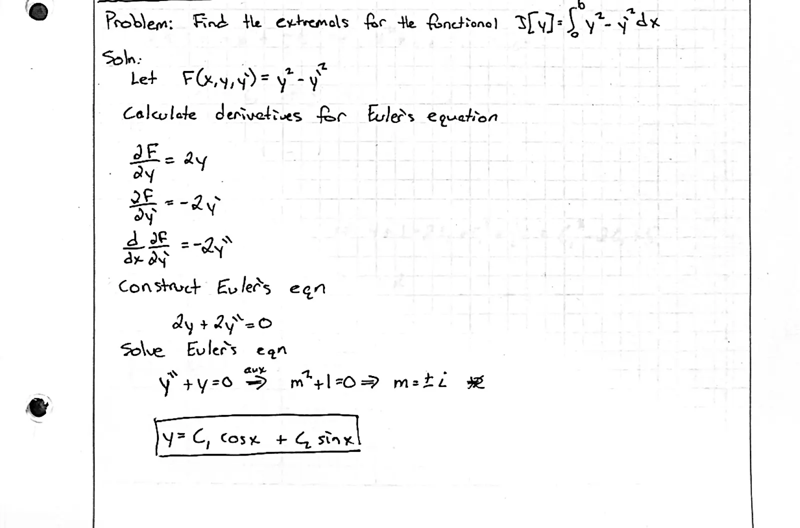 Handwritten solution, page 1 of 1. Find the extremals of ∫ (y² − y′²) dx