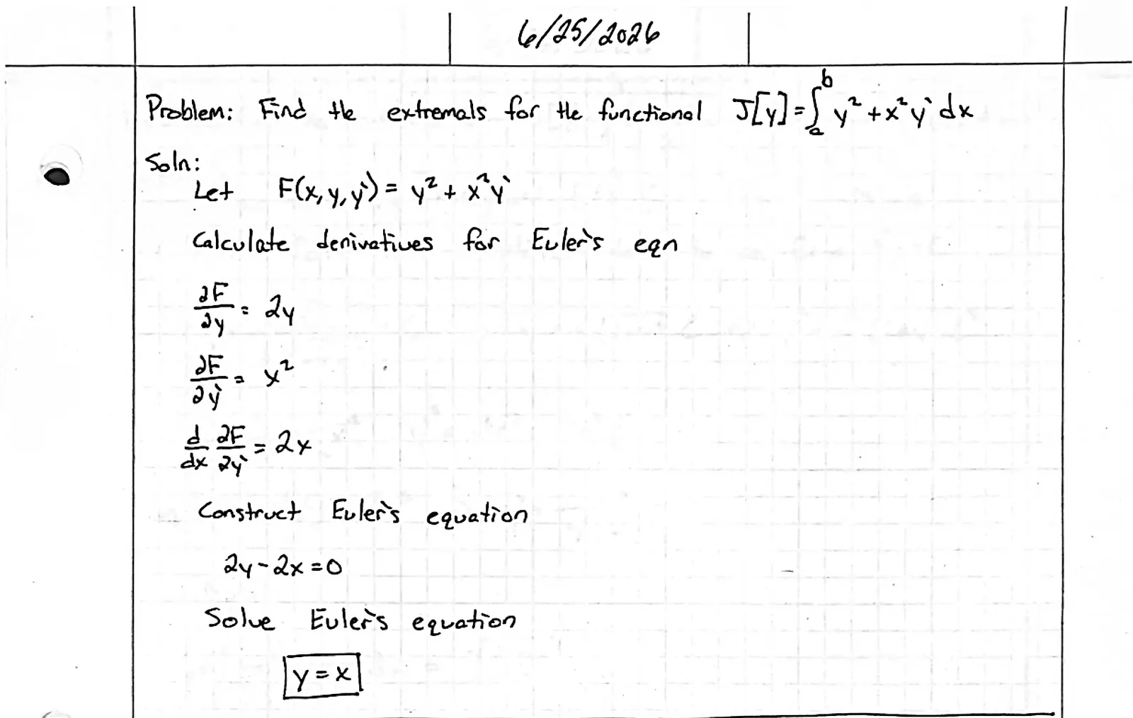 Handwritten solution, page 1 of 1. Find the extremals of ∫ (y² + x²y′) dx