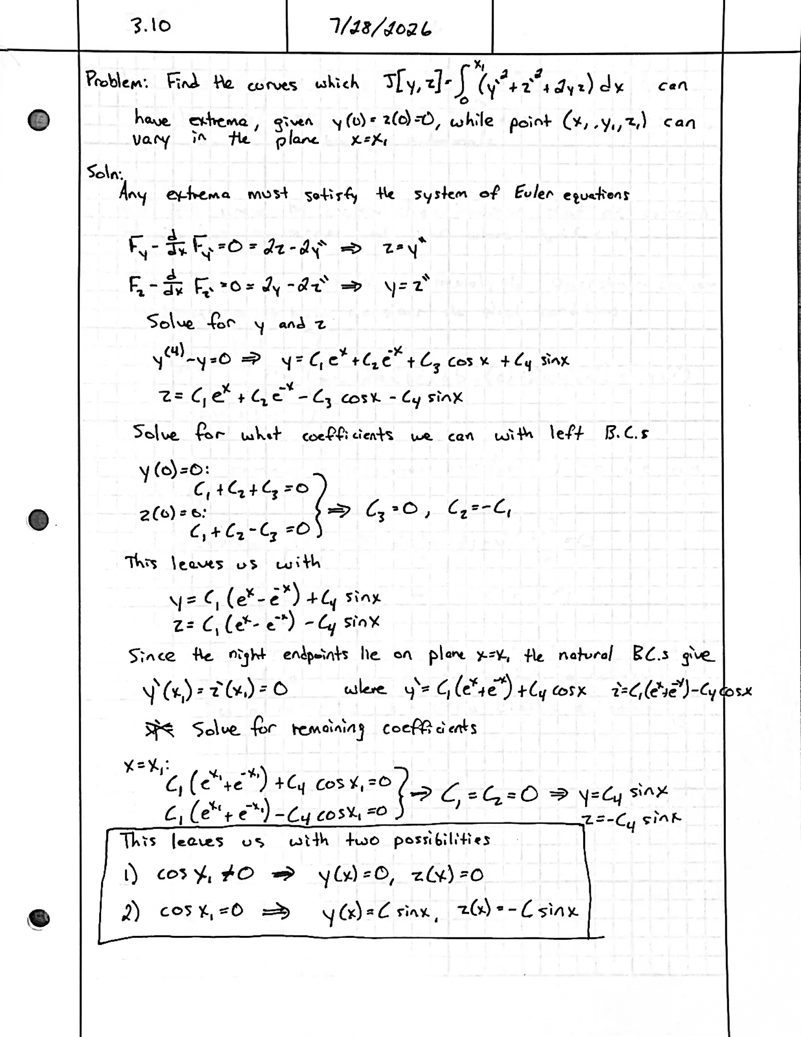 Handwritten solution, page 1 of 1. Find the extremals of ∫ (y′² + z′² + 2yz) dx with y(0) = z(0) = 0 and the right endpoint free in the plane x = x₁