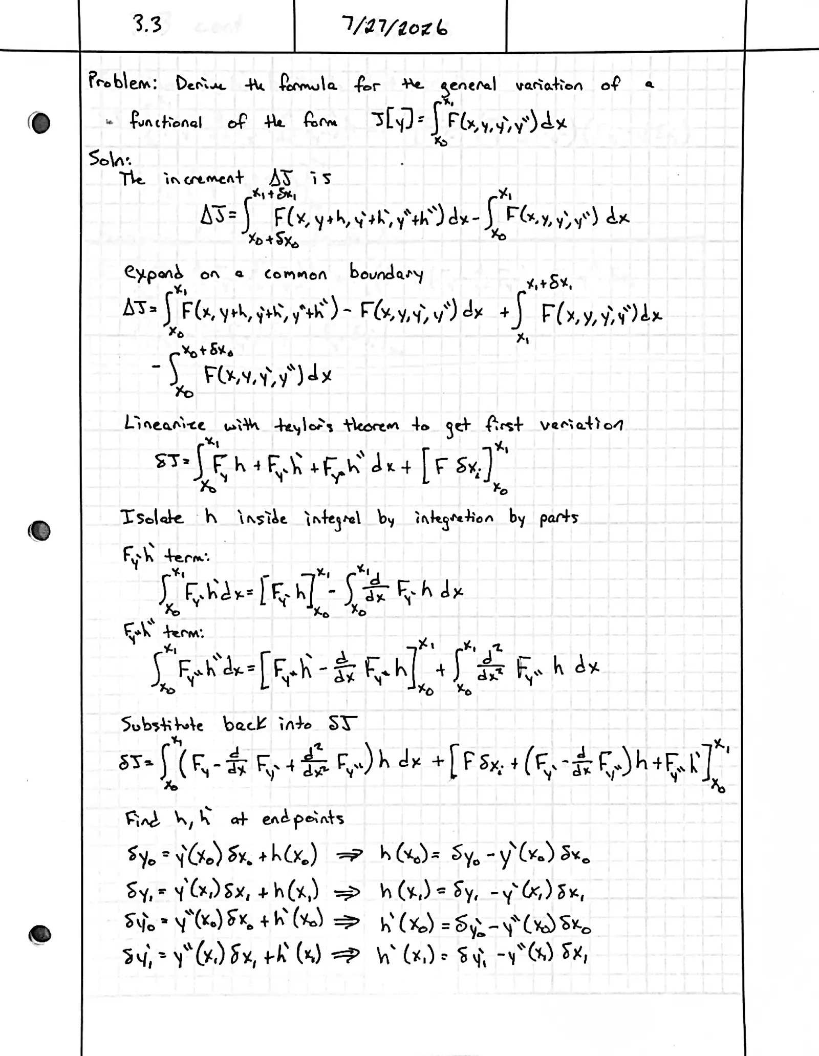 Handwritten solution, page 1 of 2. Derive the general variation of ∫ F(x, y, y′, y″) dx