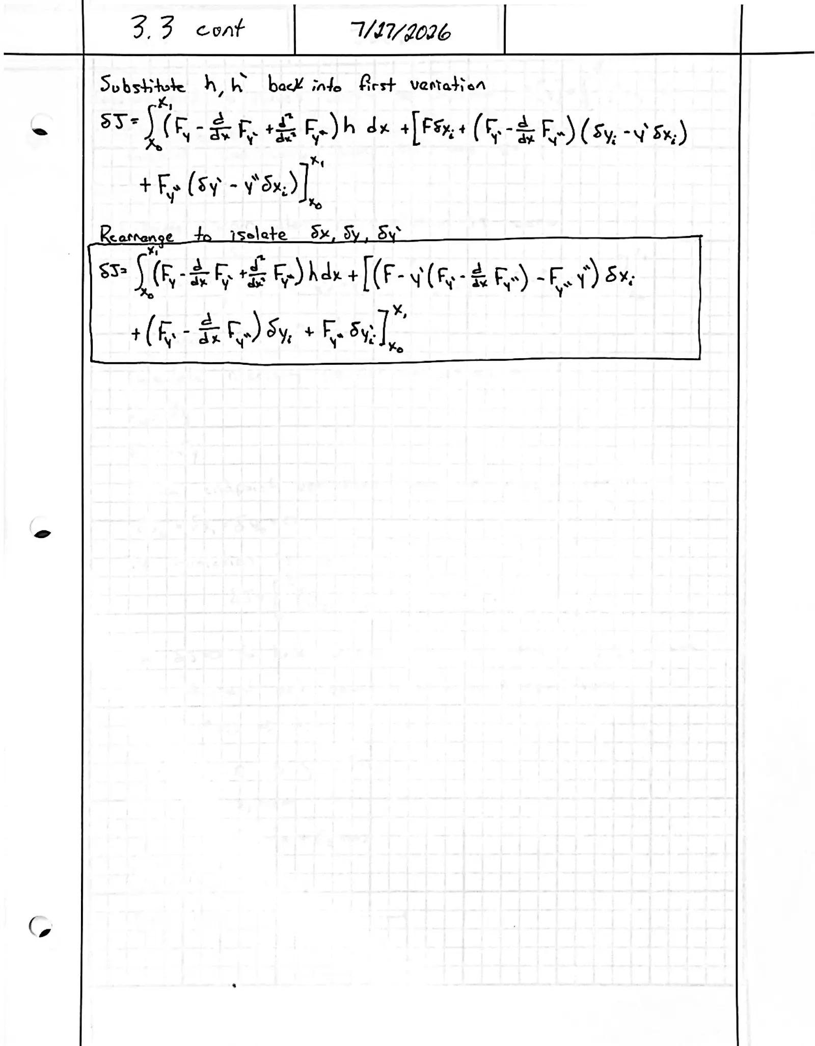 Handwritten solution, page 2 of 2. Derive the general variation of ∫ F(x, y, y′, y″) dx