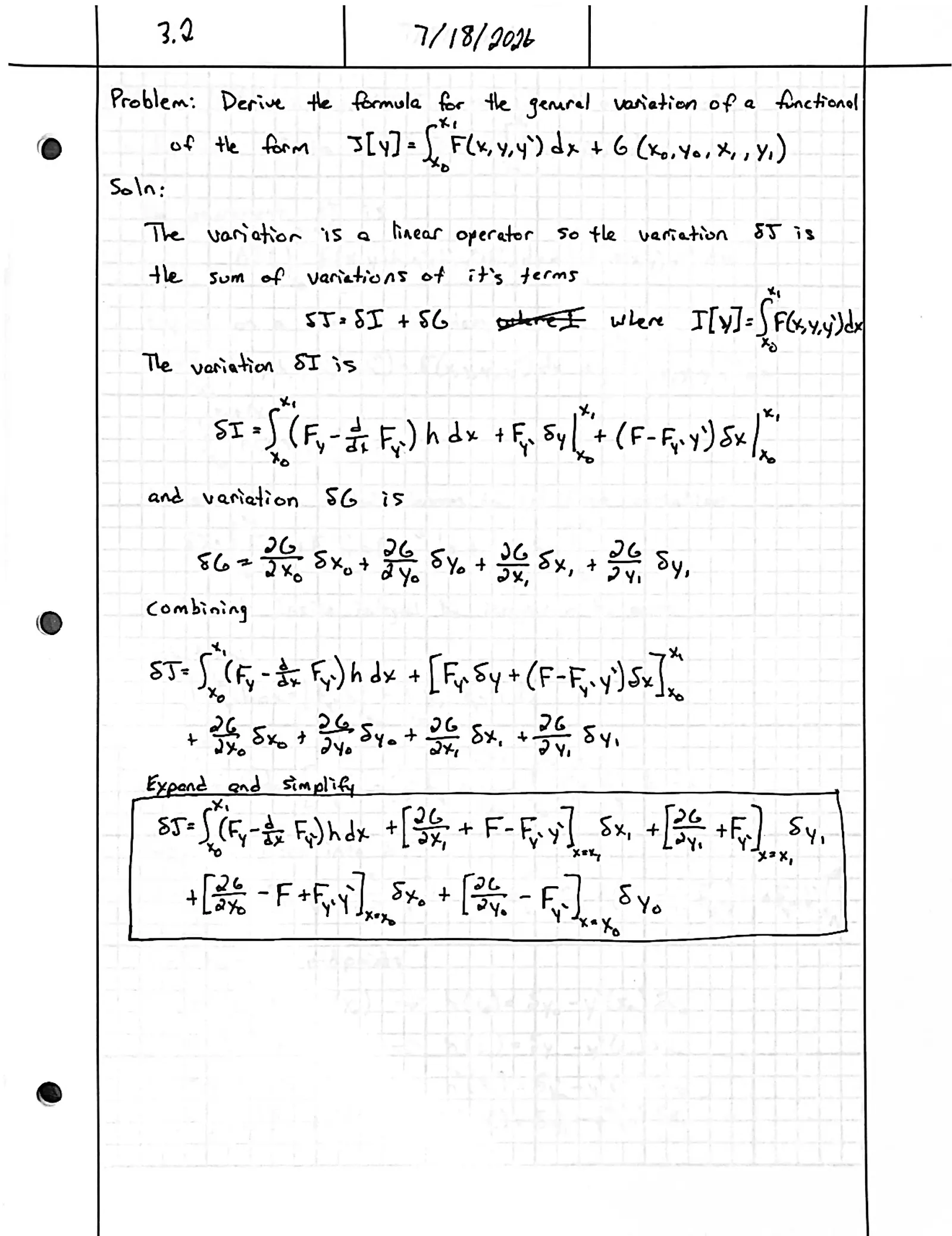 Handwritten solution, page 1 of 1. Derive the general variation of ∫ F(x, y, y′) dx + G(x₀, y₀, x₁, y₁)