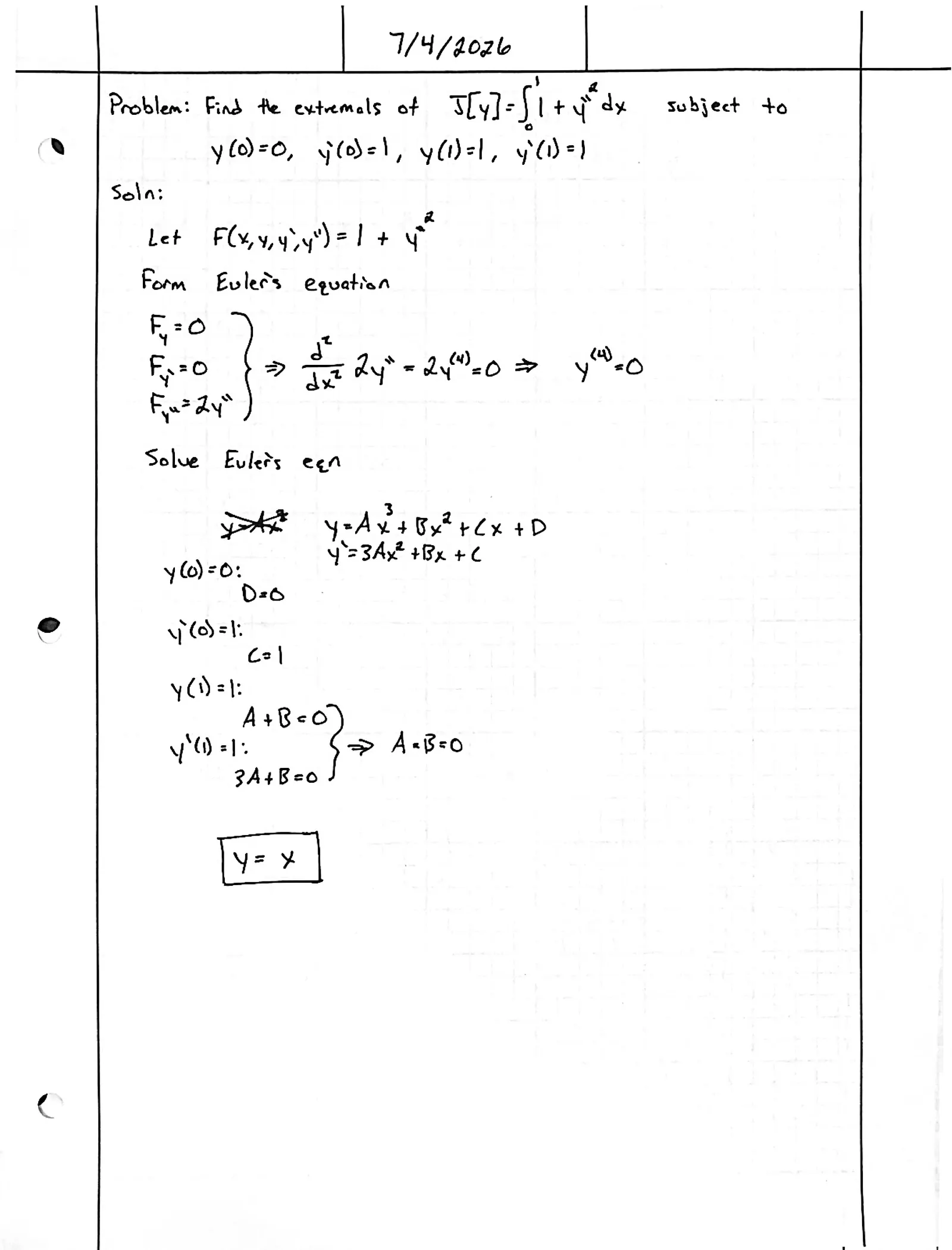 Handwritten solution, page 1 of 1. Find the extremal of ∫ (1 + y″²) dx with fixed endpoints and slopes