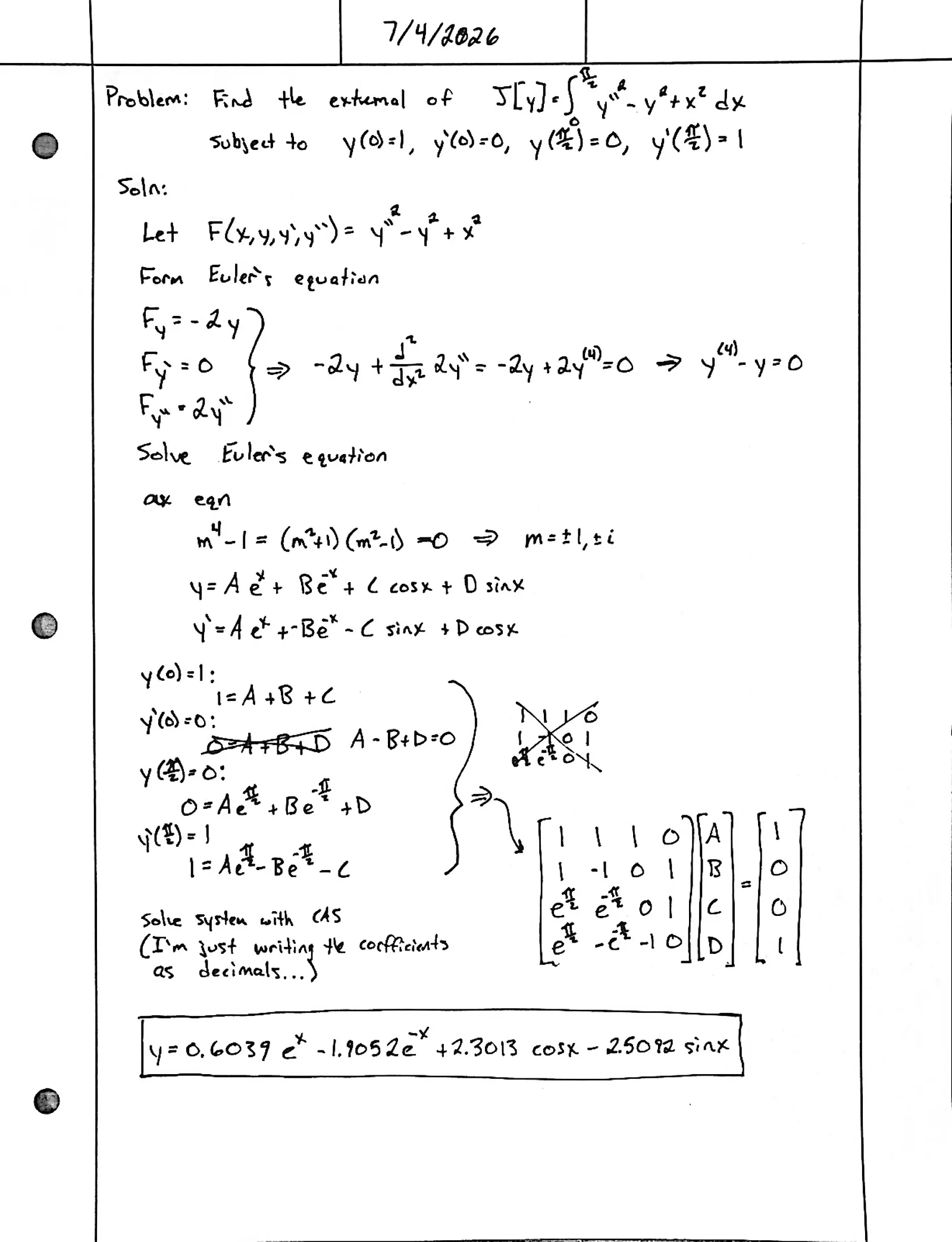 Handwritten solution, page 1 of 1. Find the extremal of ∫ (y″² − y² + x²) dx with fixed endpoints and slopes