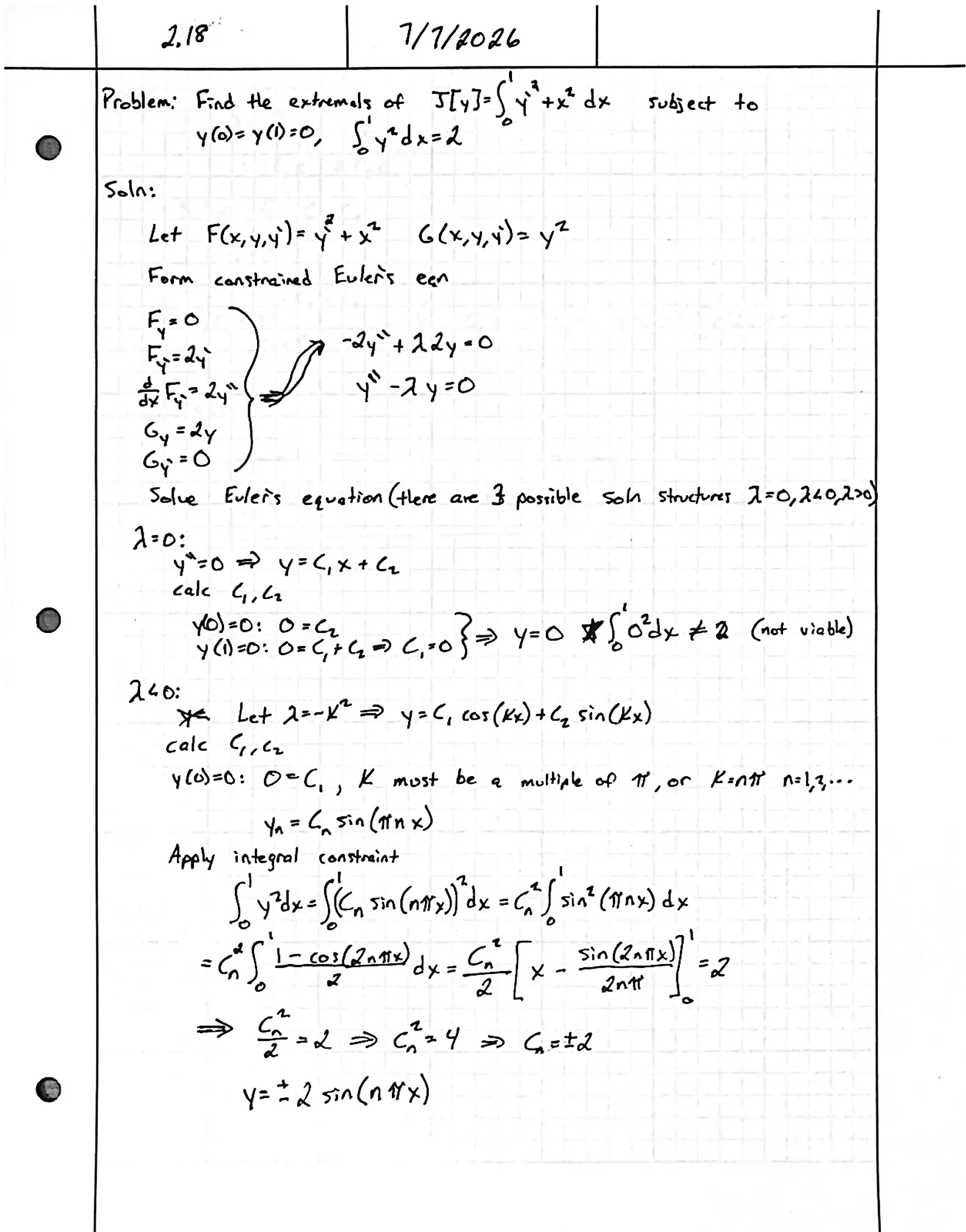 Handwritten solution, page 1 of 2. Find the extremals of ∫ (y′² + x²) dx with fixed endpoints subject to ∫ y² dx = 2