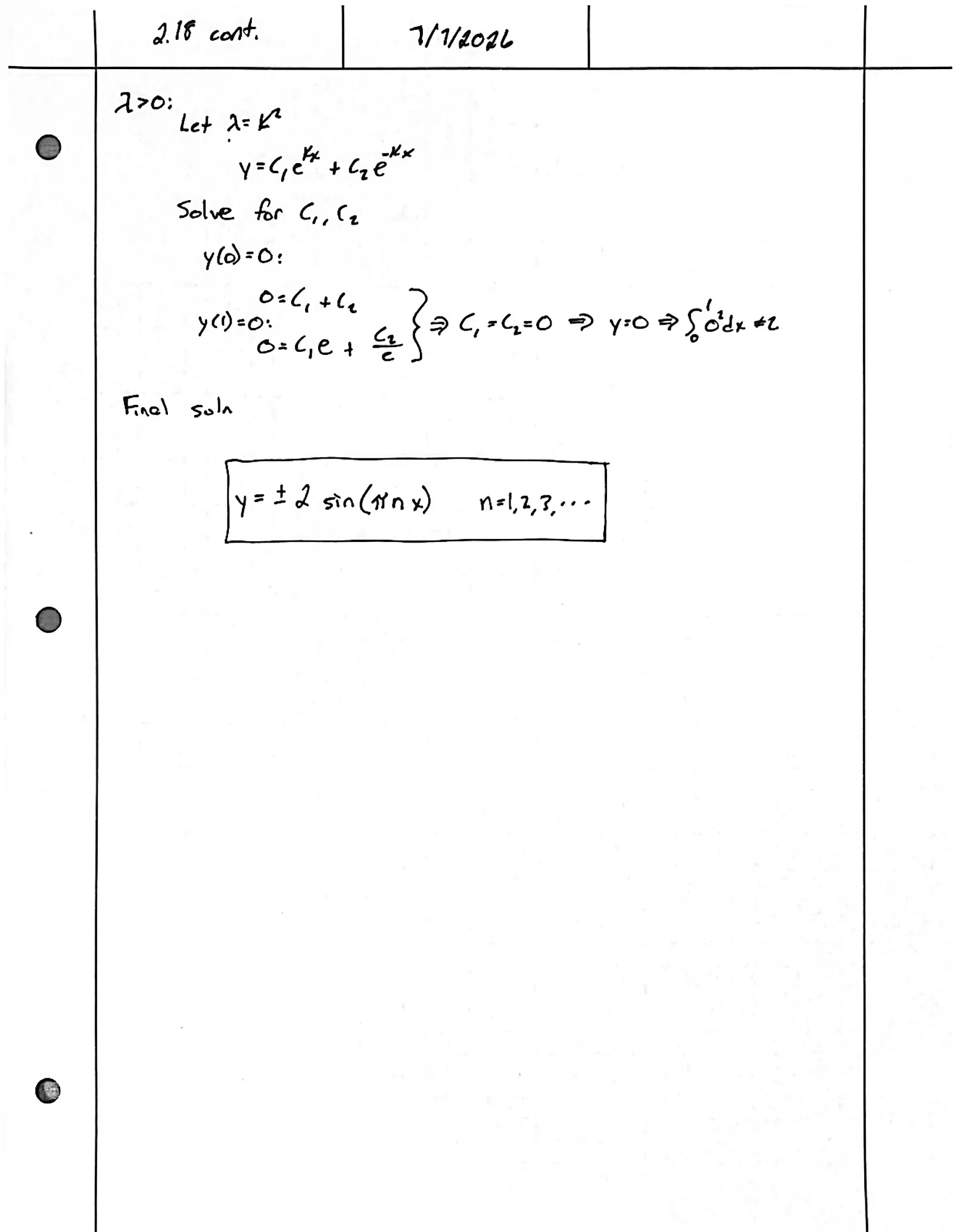 Handwritten solution, page 2 of 2. Find the extremals of ∫ (y′² + x²) dx with fixed endpoints subject to ∫ y² dx = 2