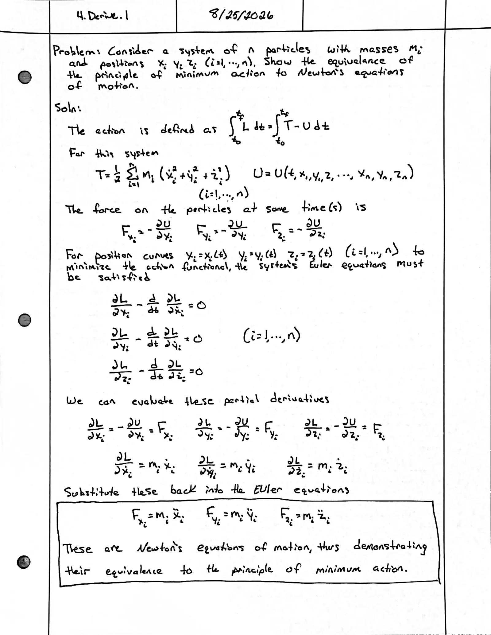 Handwritten solution, page 1 of 1. Show that the principle of least action for a system of n particles is equivalent to Newton's equations of motion