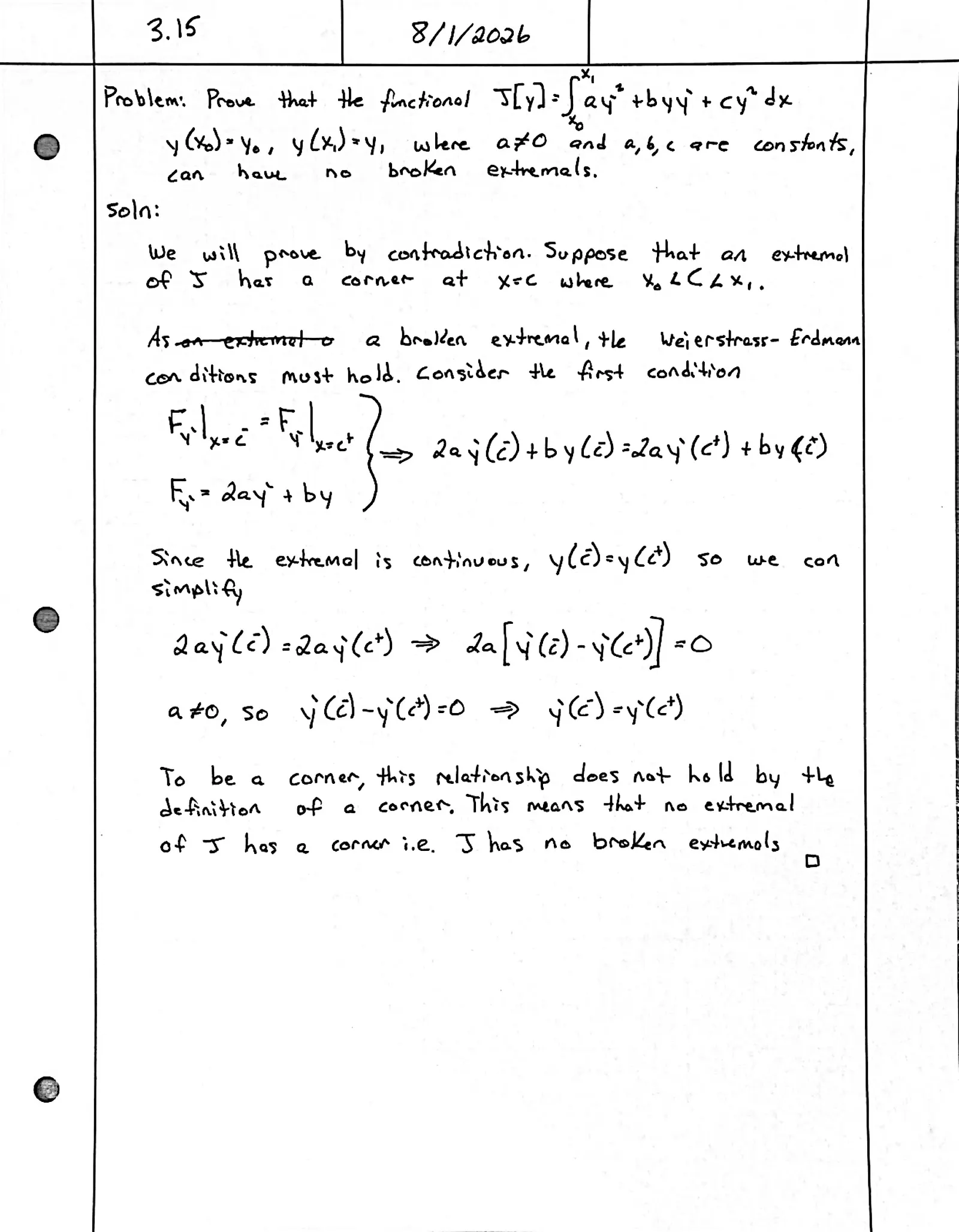 Handwritten solution, page 1 of 1. Prove that ∫ (ay′² + byy′ + cy²) dx with a ≠ 0 and fixed endpoints has no broken extremals