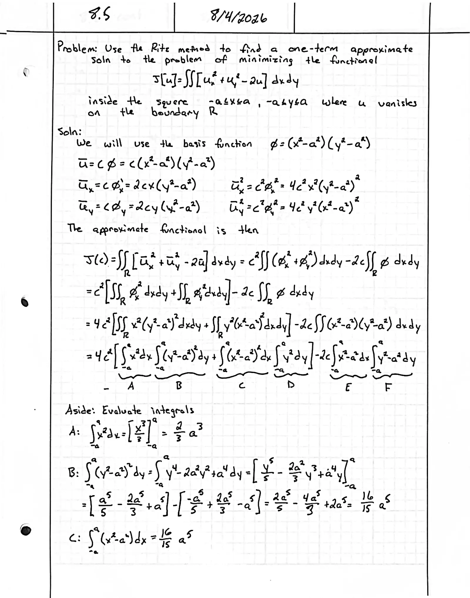 Handwritten solution, page 1 of 2. Use the Ritz method to find a one-term approximate minimizer of ∬ (u_x² + u_y² − 2u) dx dy on a square, with u = 0 on the boundary