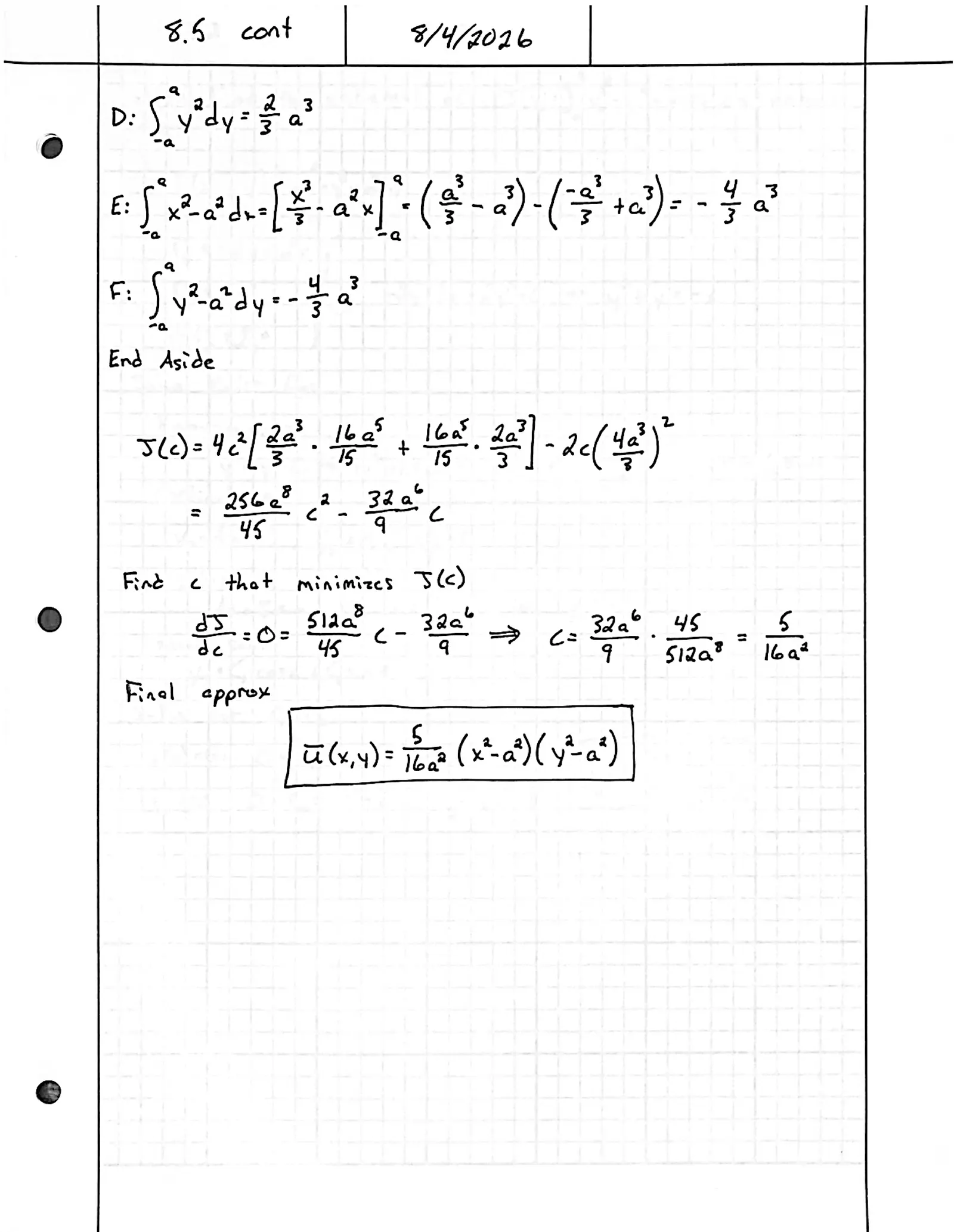 Handwritten solution, page 2 of 2. Use the Ritz method to find a one-term approximate minimizer of ∬ (u_x² + u_y² − 2u) dx dy on a square, with u = 0 on the boundary
