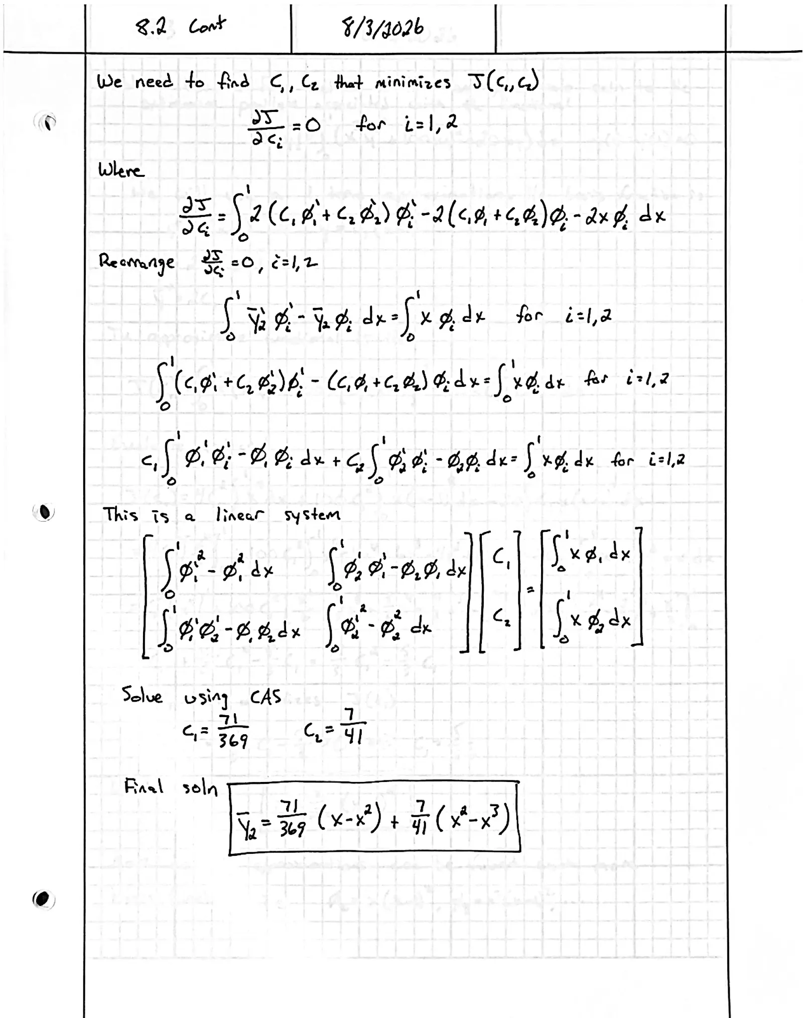 Handwritten solution, page 2 of 2. Use the Ritz method to find one- and two-term approximate minimizers of ∫₀¹ (y′² − y² − 2xy) dx with y(0) = y(1) = 0