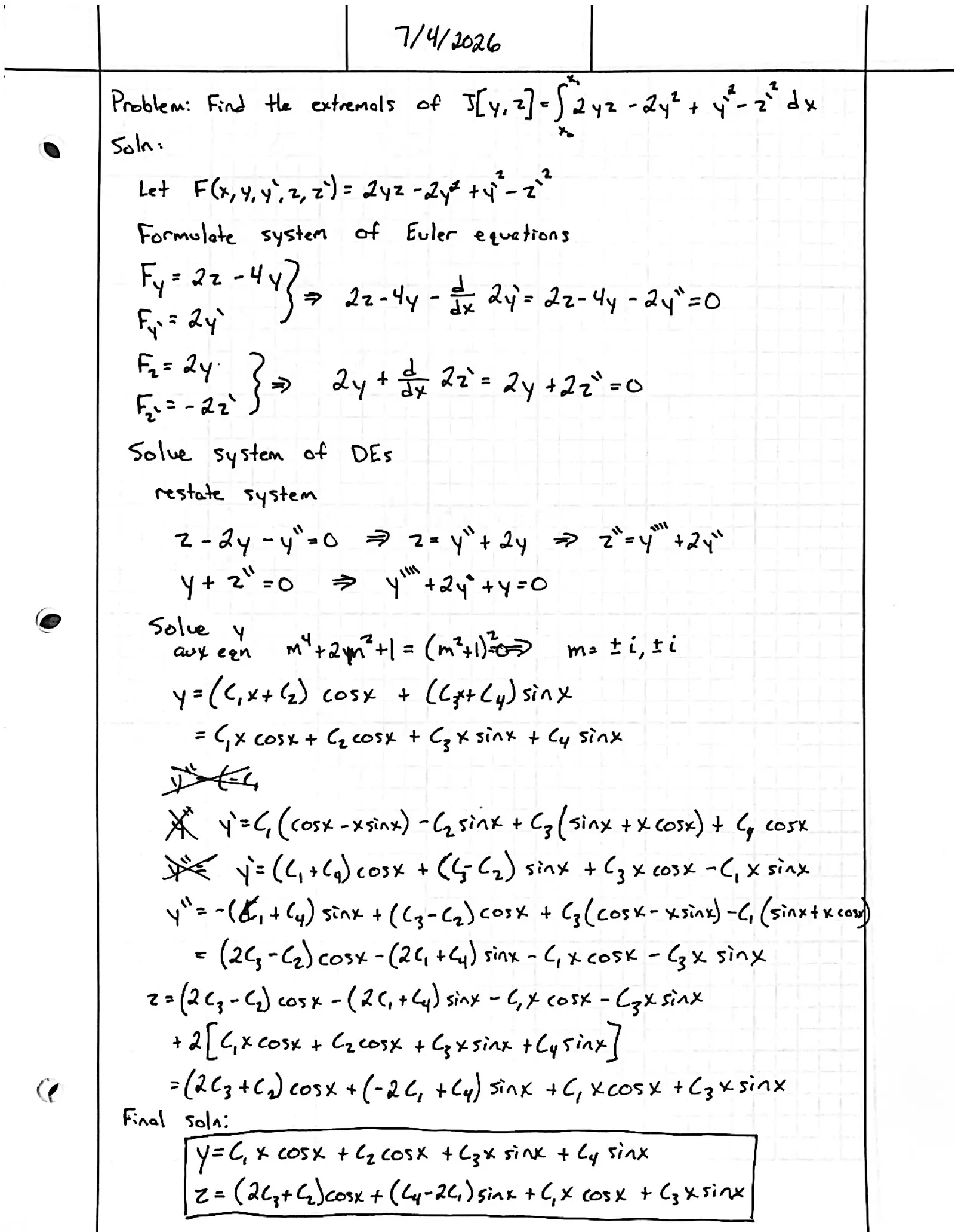Handwritten solution, page 1 of 1. Find the extremals of ∫ (2yz − 2y² + y′² − z′²) dx
