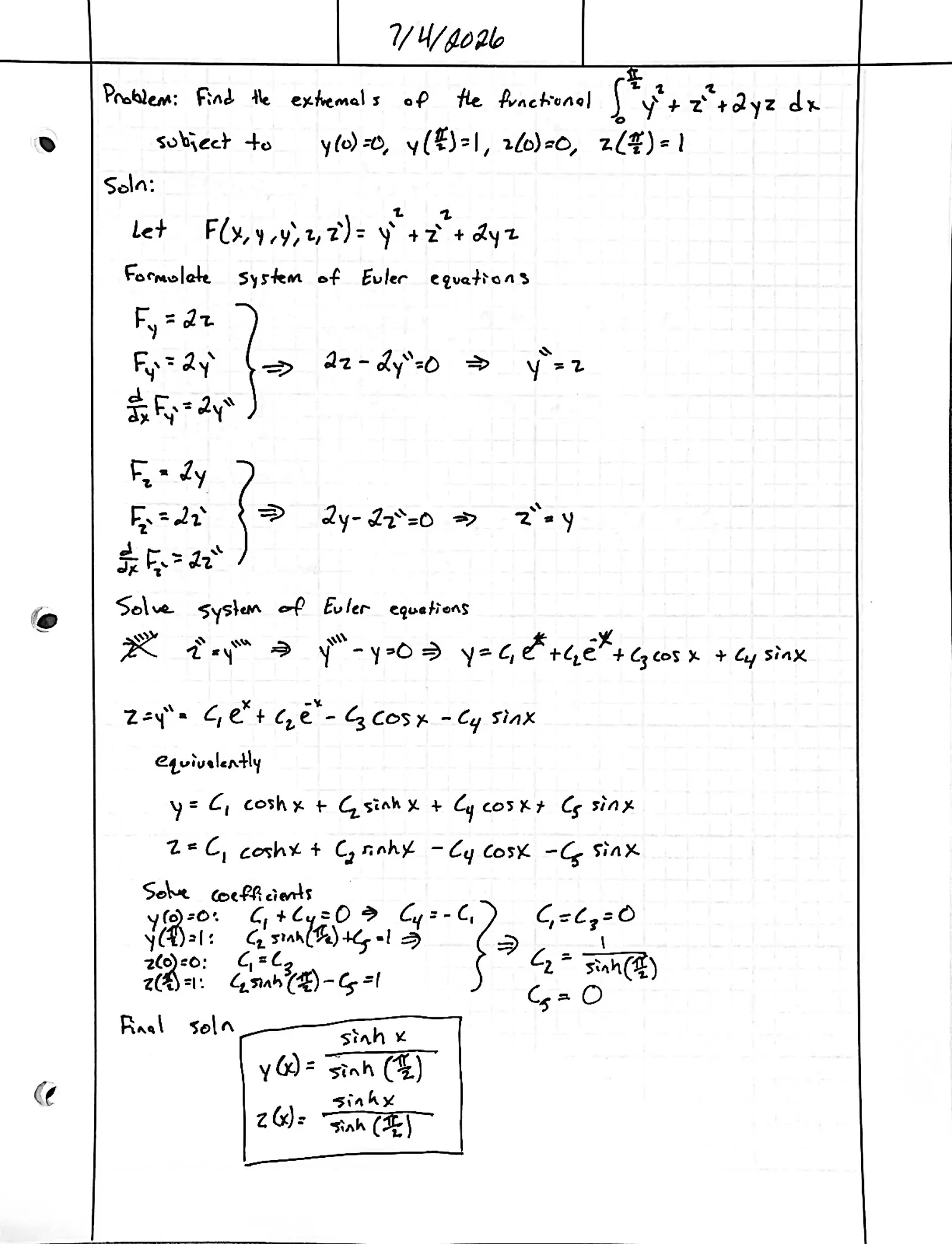 Handwritten solution, page 1 of 1. Find the extremals of ∫ (y′² + z′² + 2yz) dx with fixed endpoints