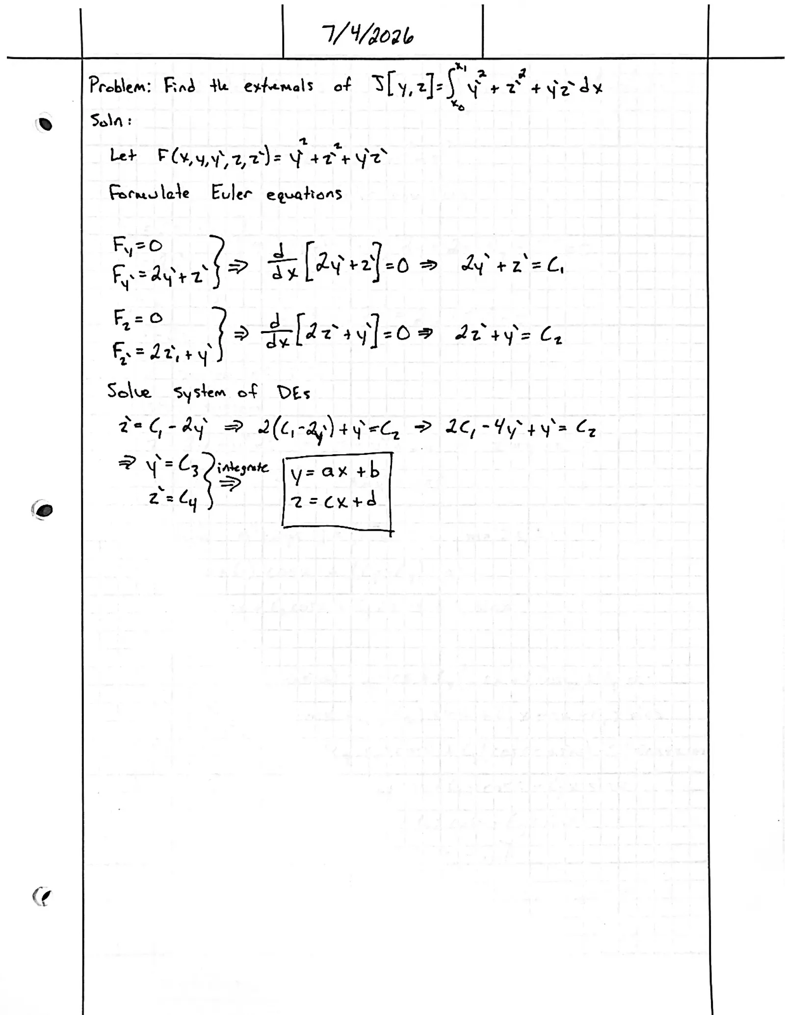 Handwritten solution, page 1 of 1. Find the extremals of ∫ (y′² + z′² + y′z′) dx