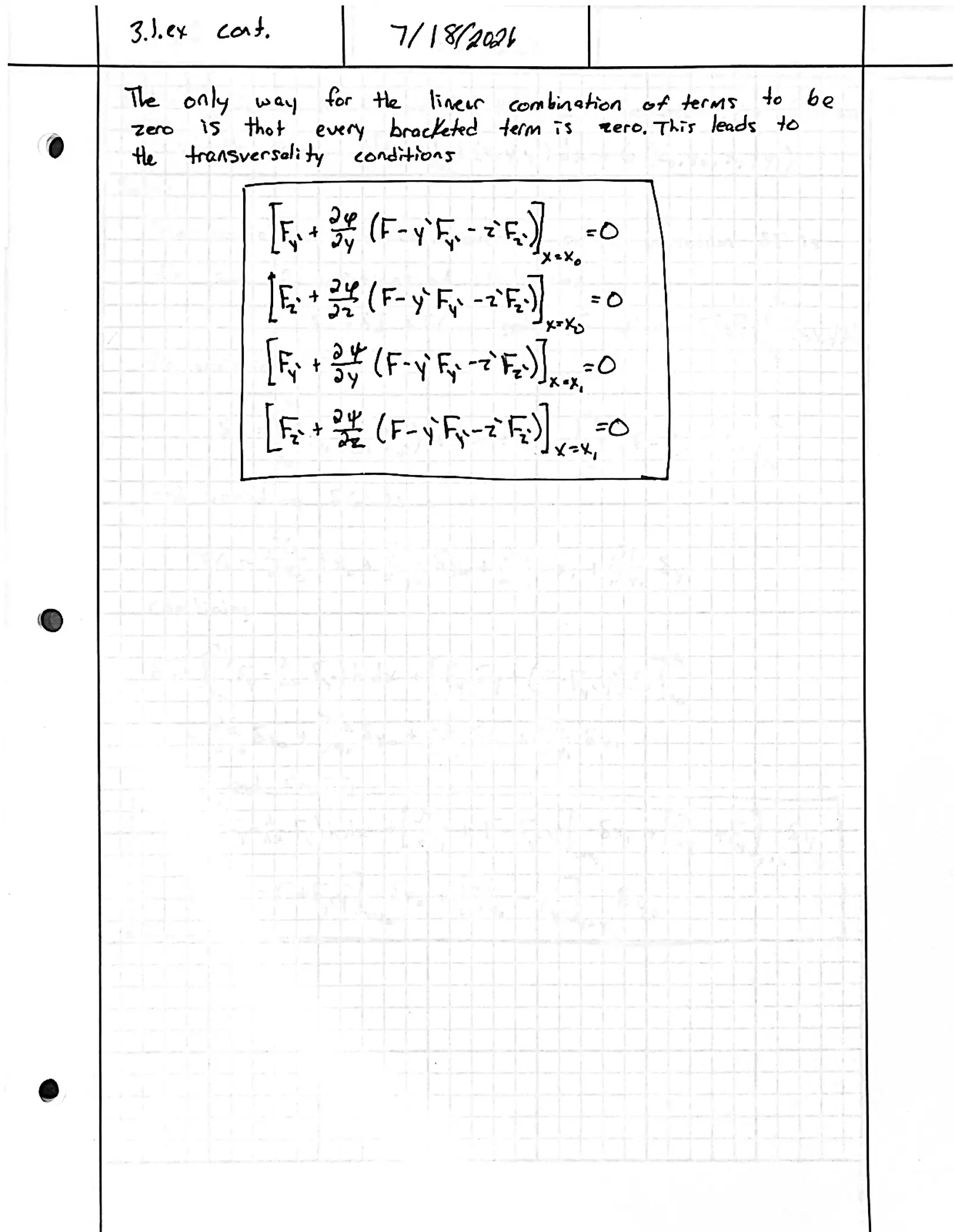 Handwritten solution, page 2 of 2. Derive the transversality conditions for ∫ F(x, y, z, y′, z′) dx with endpoints on the surfaces x = φ(y, z) and x = ψ(y, z)
