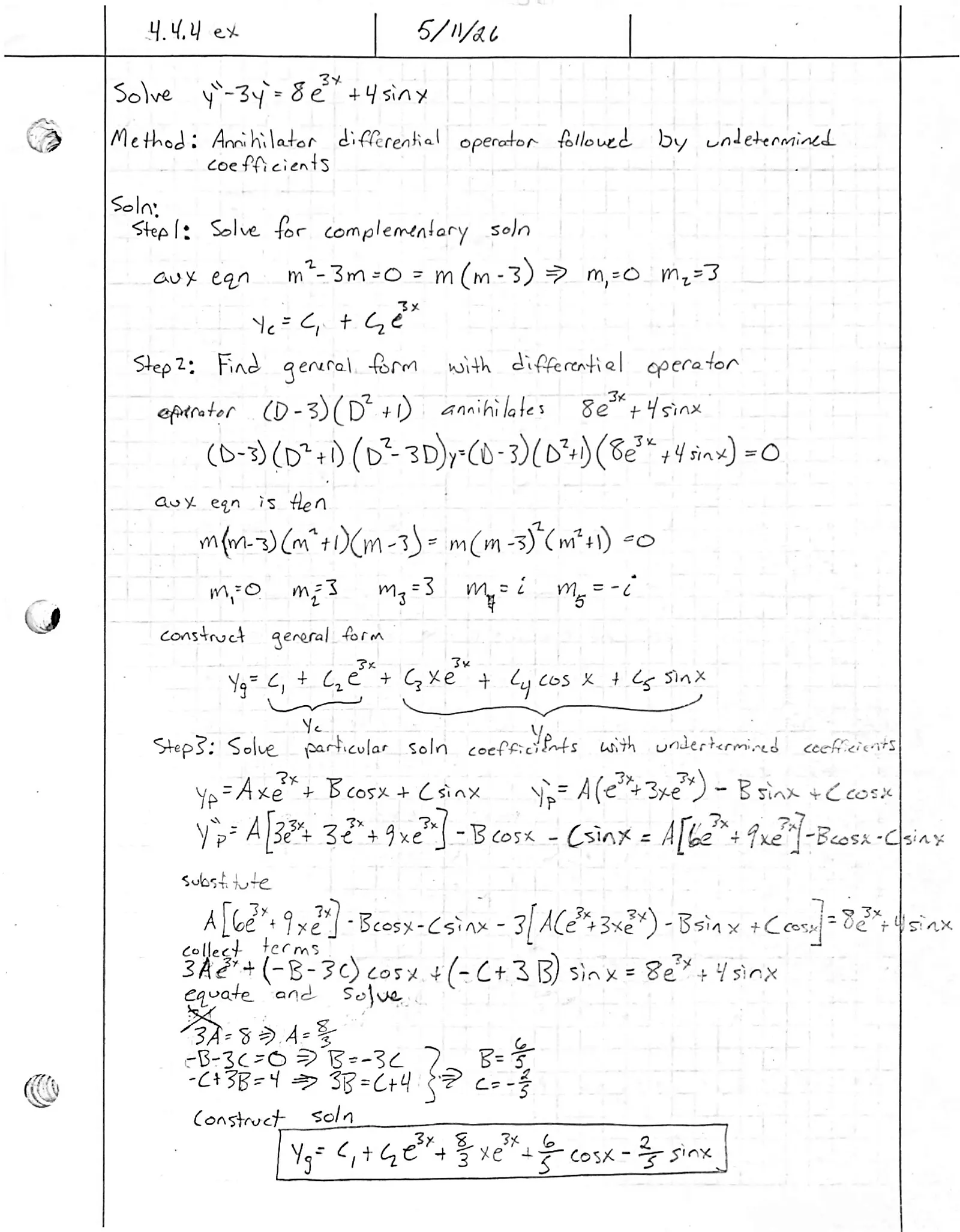 Handwritten solution, page 1 of 1. Solve y″ − 3y′ = 8e^{3x} + 4 sin x using an annihilator and undetermined coefficients