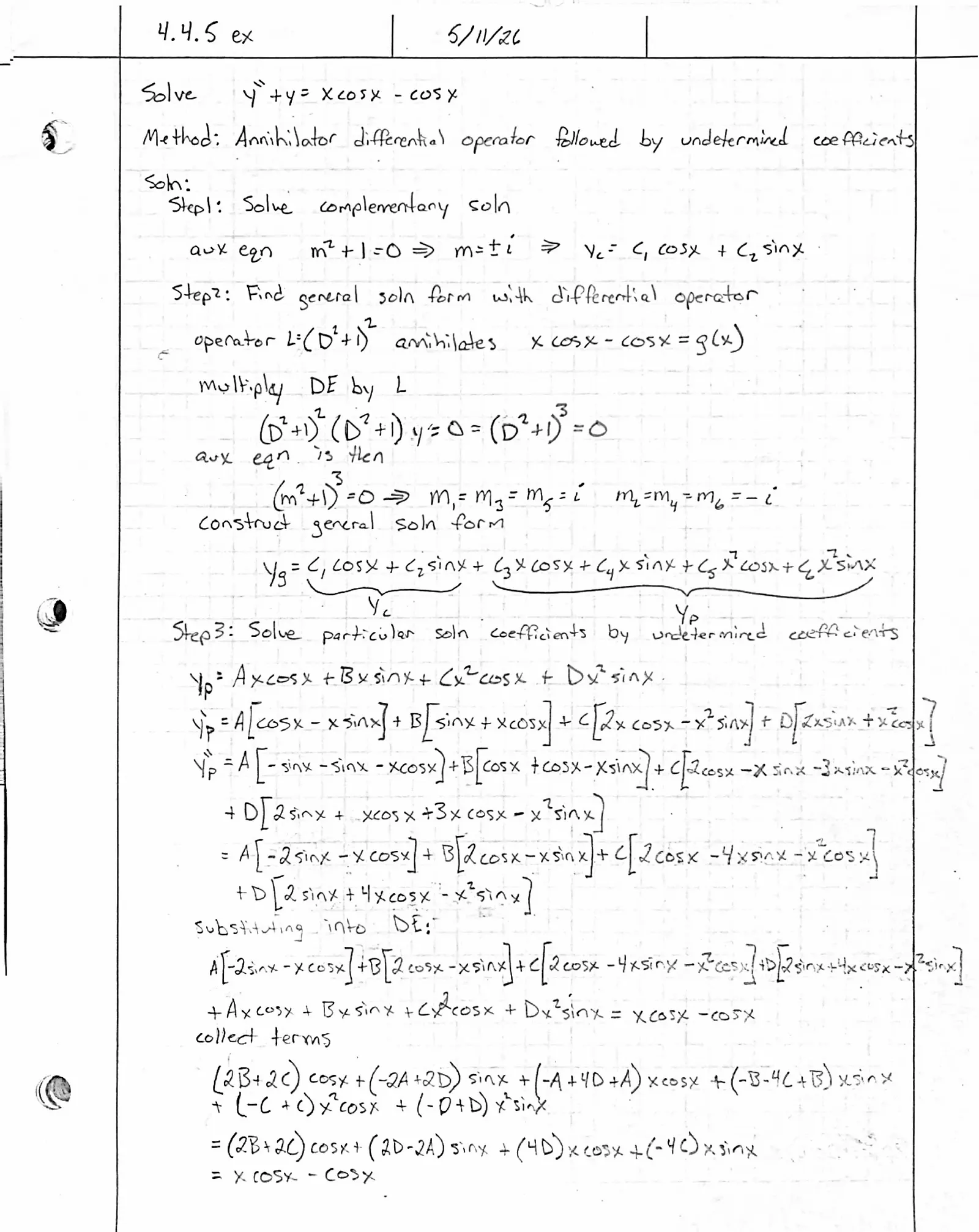 Handwritten solution, page 1 of 2. Solve y″ + y = x cos x − cos x using an annihilator and undetermined coefficients