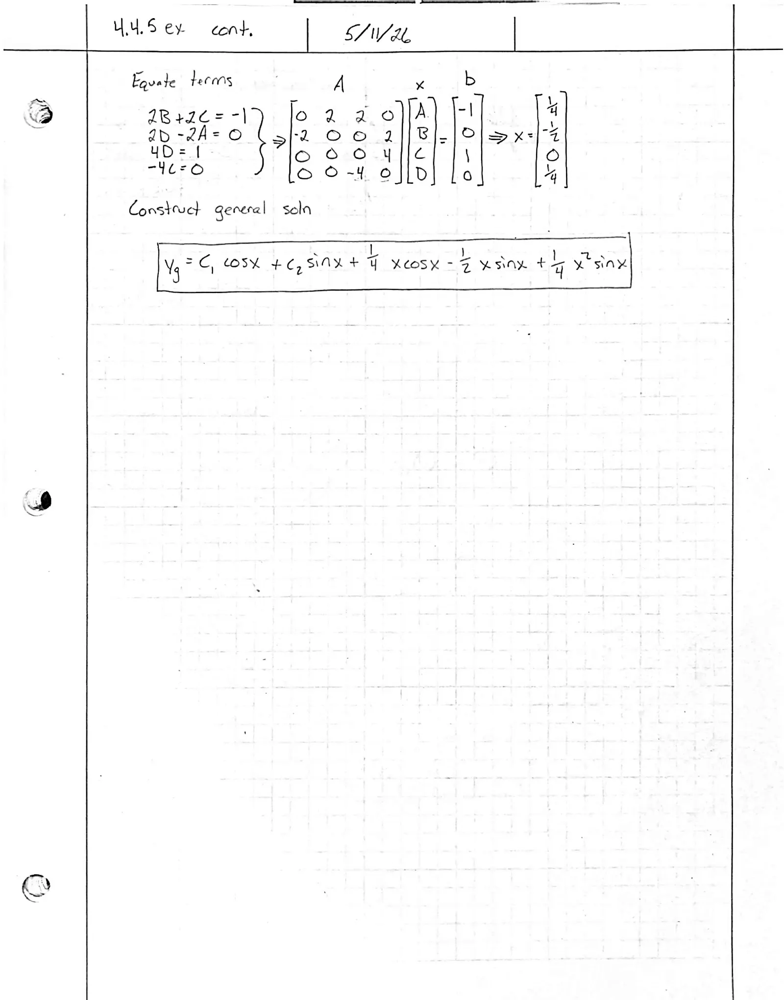 Handwritten solution, page 2 of 2. Solve y″ + y = x cos x − cos x using an annihilator and undetermined coefficients