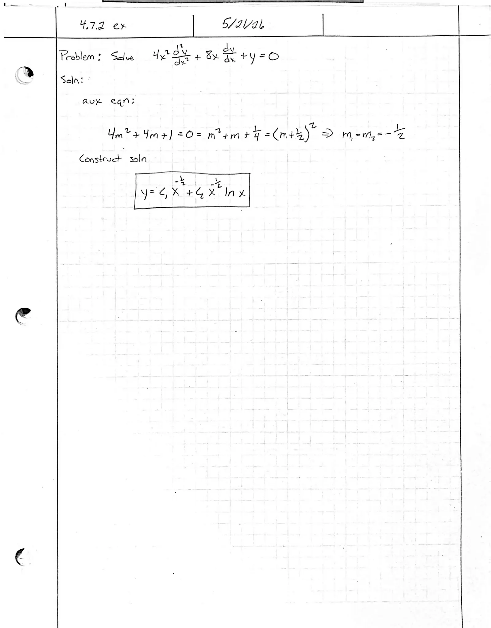 Handwritten solution, page 1 of 1. Solve the Cauchy–Euler equation 4x²y″ + 8xy′ + y = 0