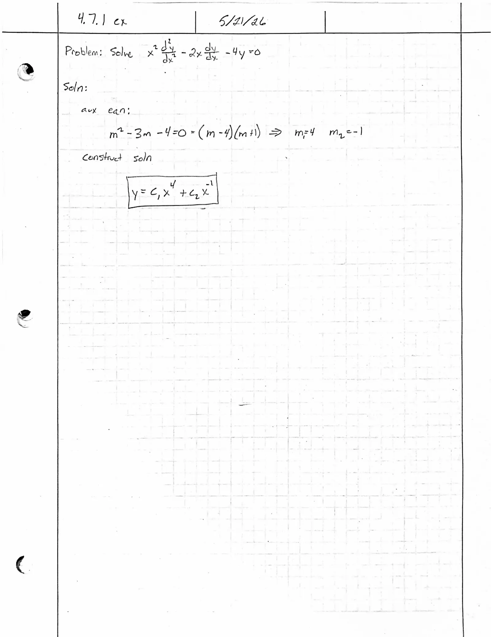 Handwritten solution, page 1 of 1. Solve the Cauchy–Euler equation x²y″ − 2xy′ − 4y = 0