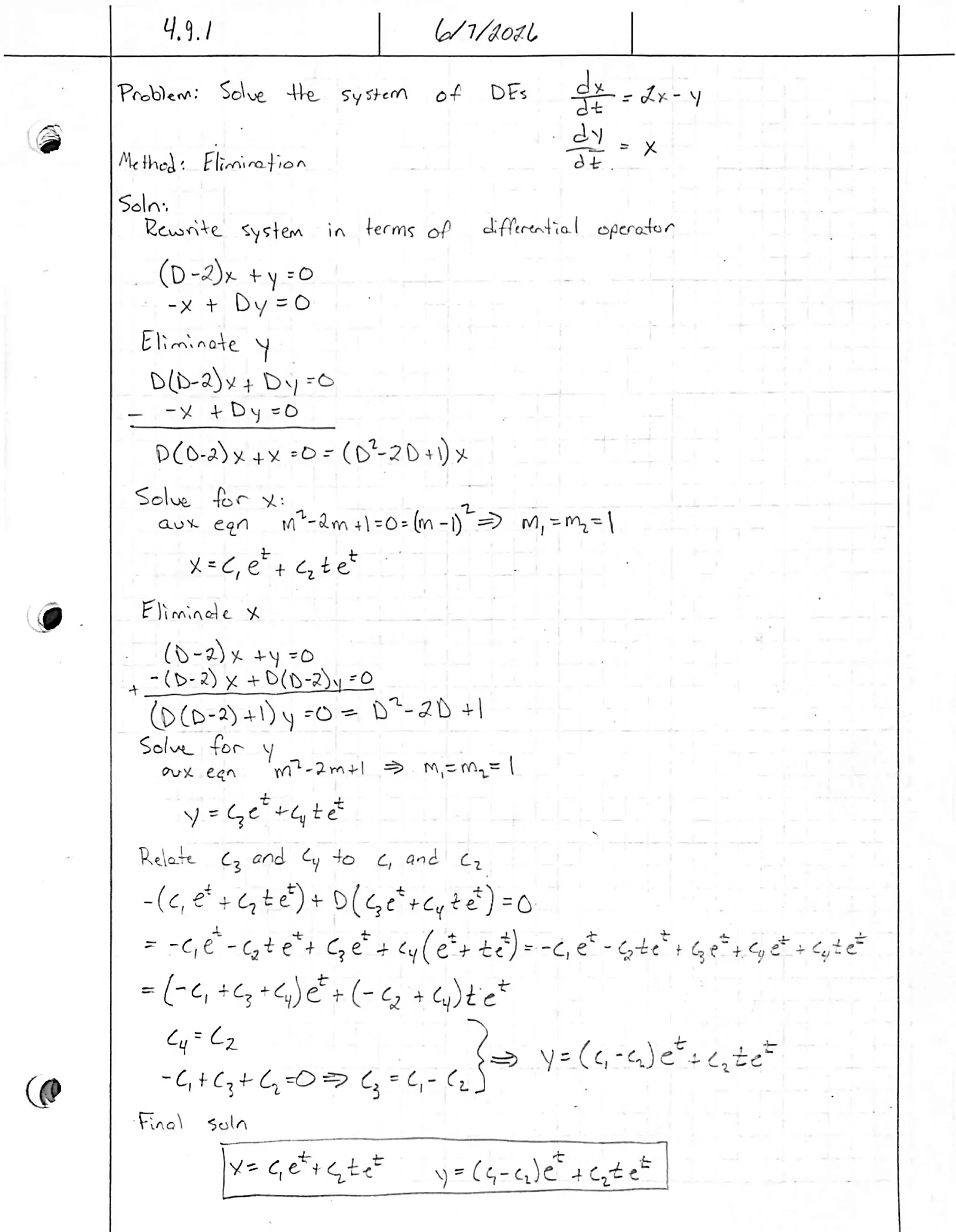 Handwritten solution, page 1 of 1. Solve the system x′ = 2x − y, y′ = x by elimination