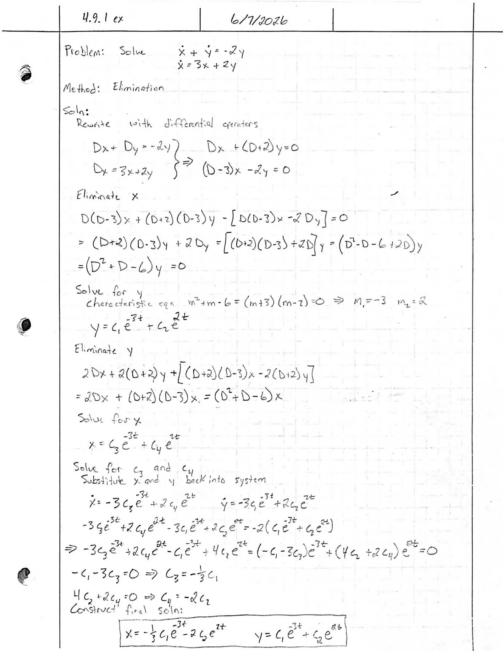 Handwritten solution, page 1 of 1. Solve the system x′ + y′ = −2y, x′ = 3x + 2y by elimination