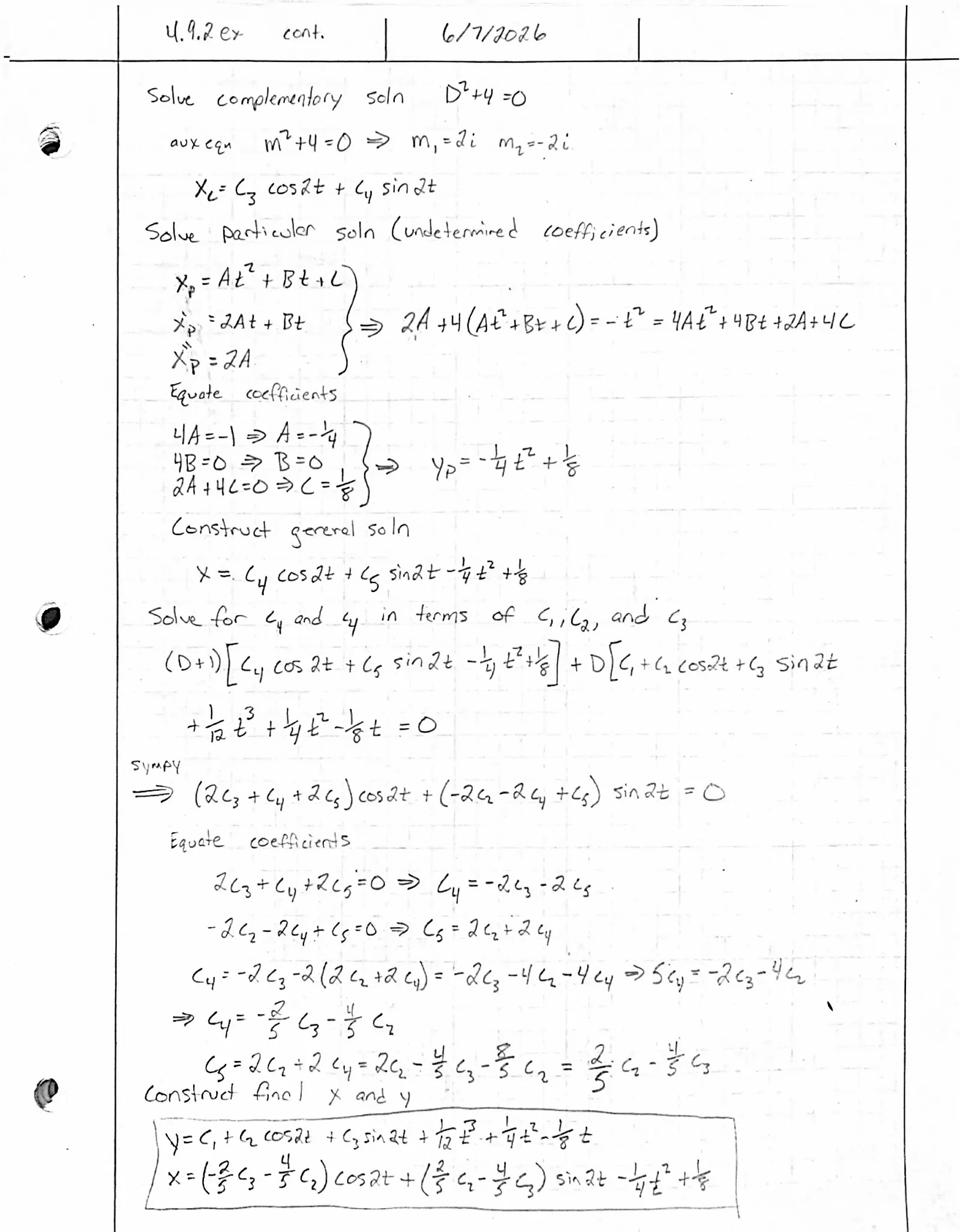 Handwritten solution, page 2 of 2. Solve the system x′ − 4x + y″ = t², x′ + x + y′ = 0 by elimination