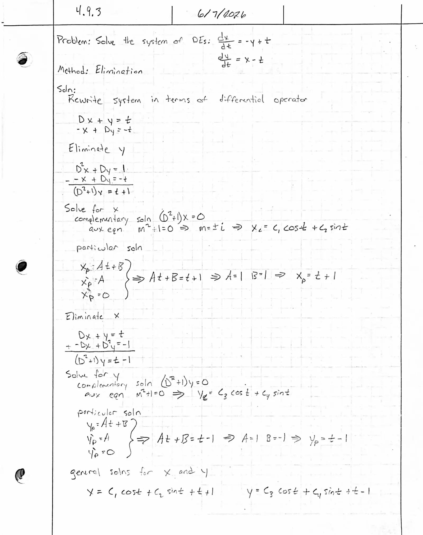 Handwritten solution, page 1 of 2. Solve the system x′ = −y + t, y′ = x − t by elimination