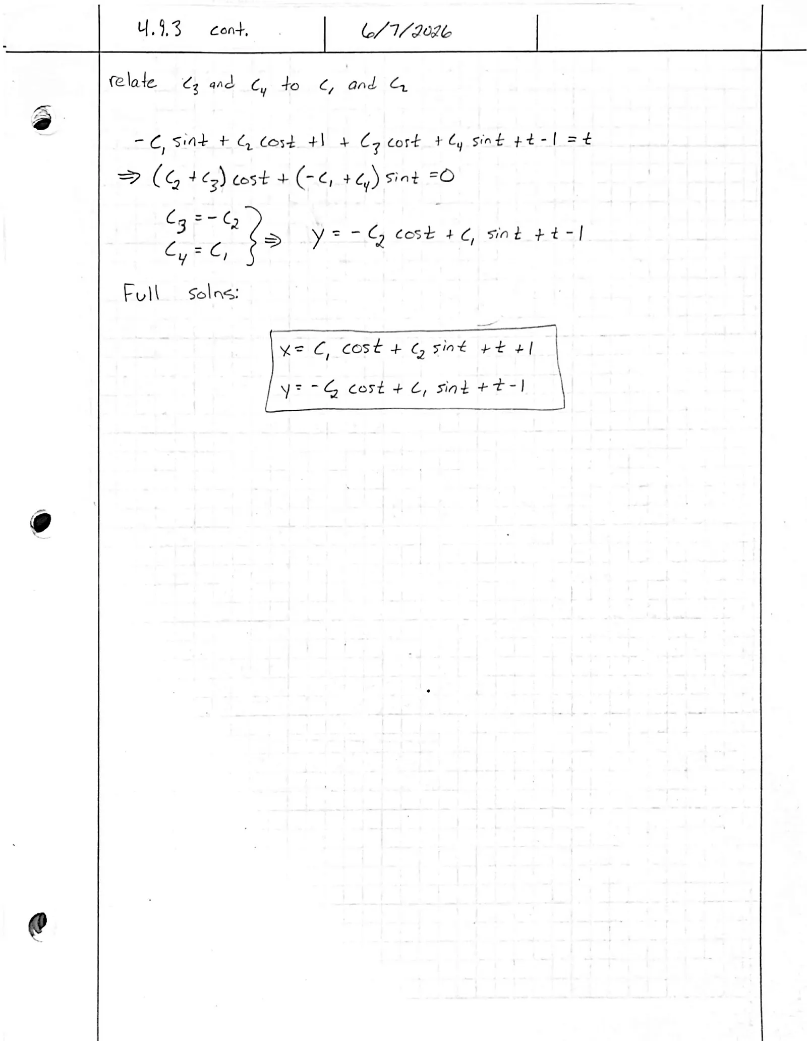 Handwritten solution, page 2 of 2. Solve the system x′ = −y + t, y′ = x − t by elimination