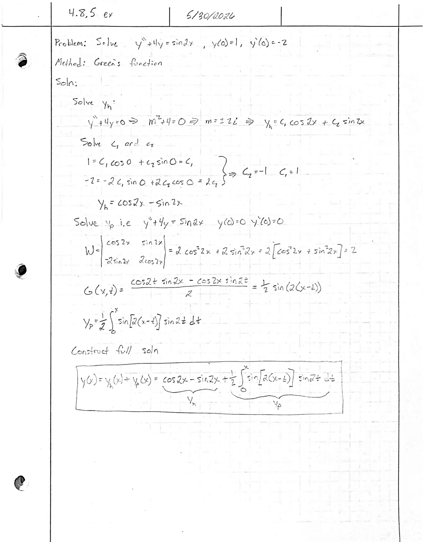 Handwritten solution, page 1 of 1. Use a Green's function to solve y″ + 4y = sin 2x with y(0) = 1, y′(0) = −2