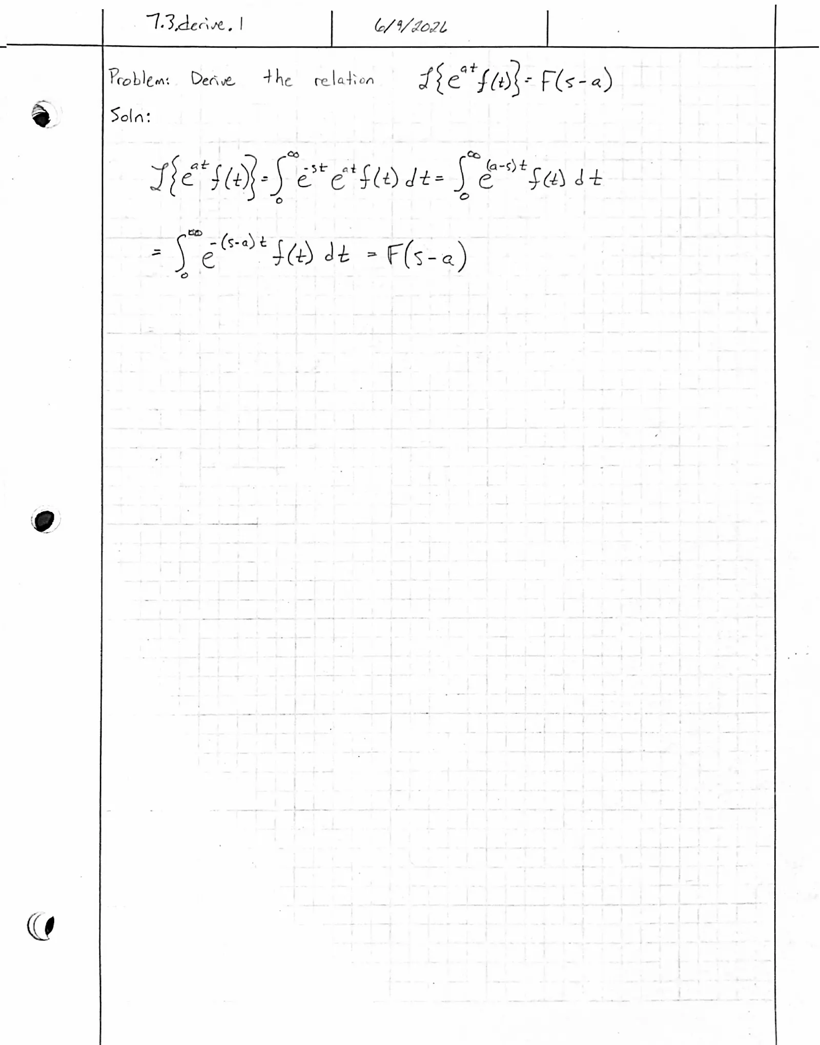 Handwritten solution, page 1 of 1. Derive ℒ{e^{at} f(t)} = F(s − a)
