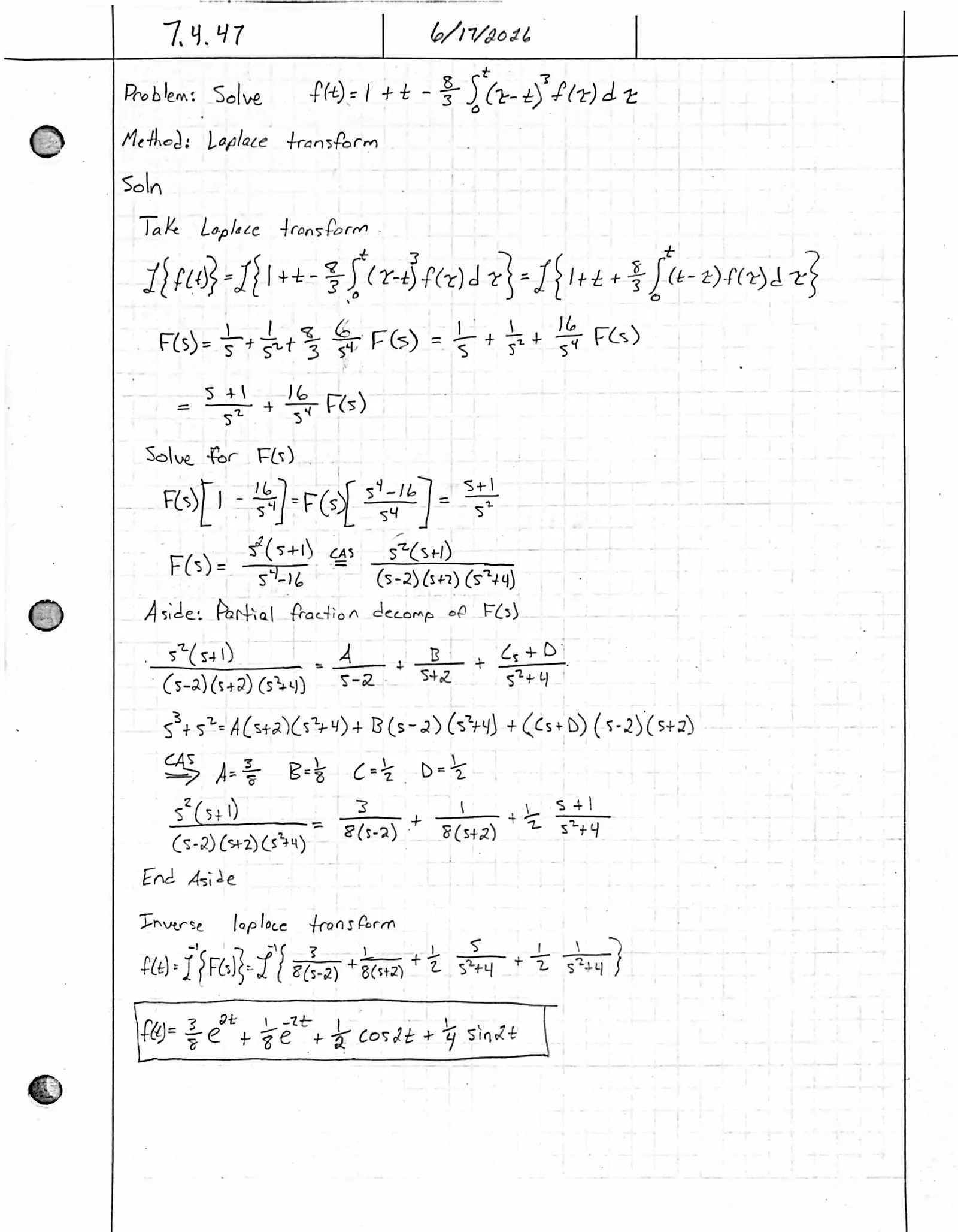 Handwritten solution, page 1 of 1. Solve the integral equation f(t) = 1 + t − (8/3) ∫₀^{t} (τ − t)³ f(τ) dτ