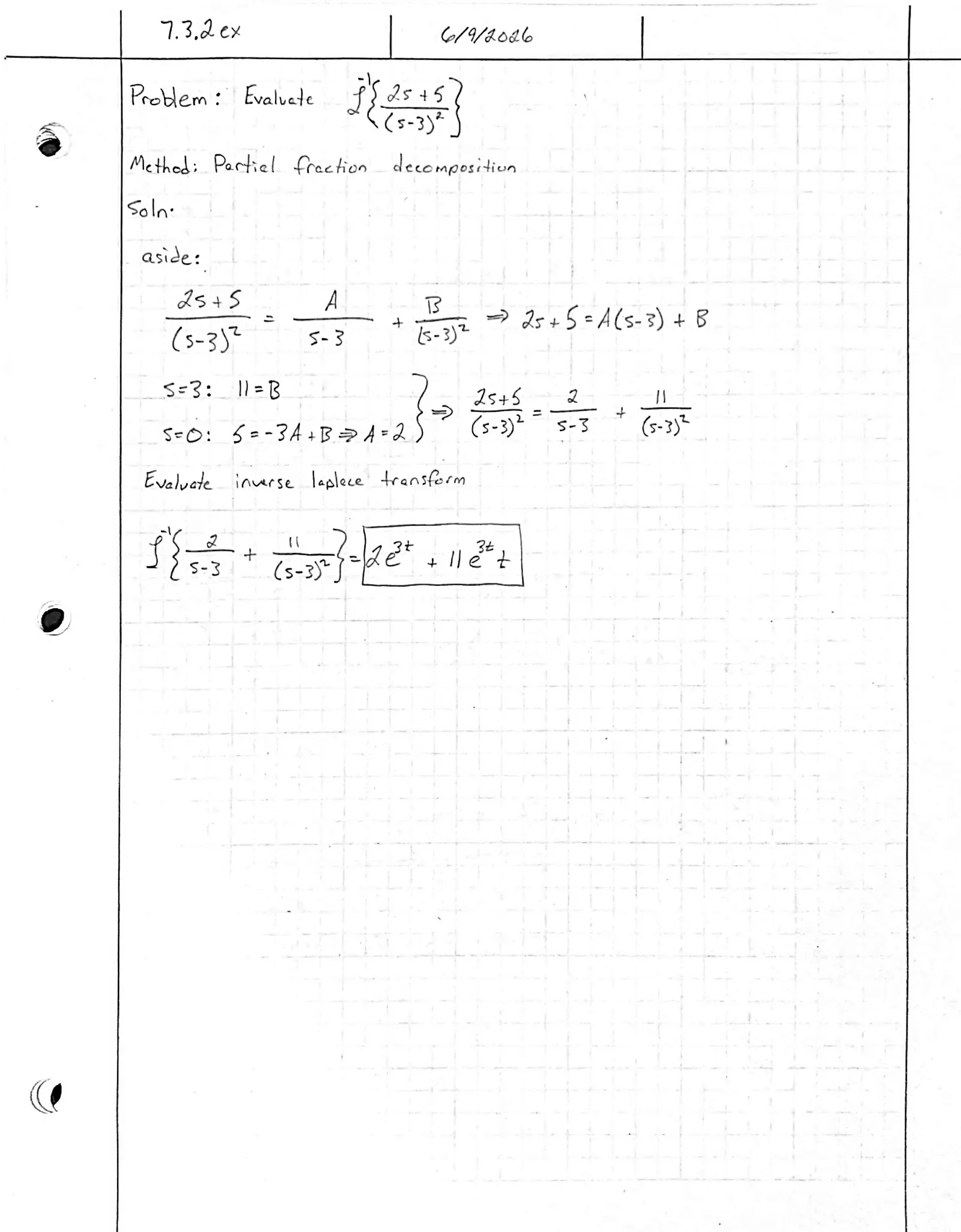 Handwritten solution, page 1 of 1. Evaluate ℒ⁻¹{(2s + 5)/(s − 3)²} by partial fractions