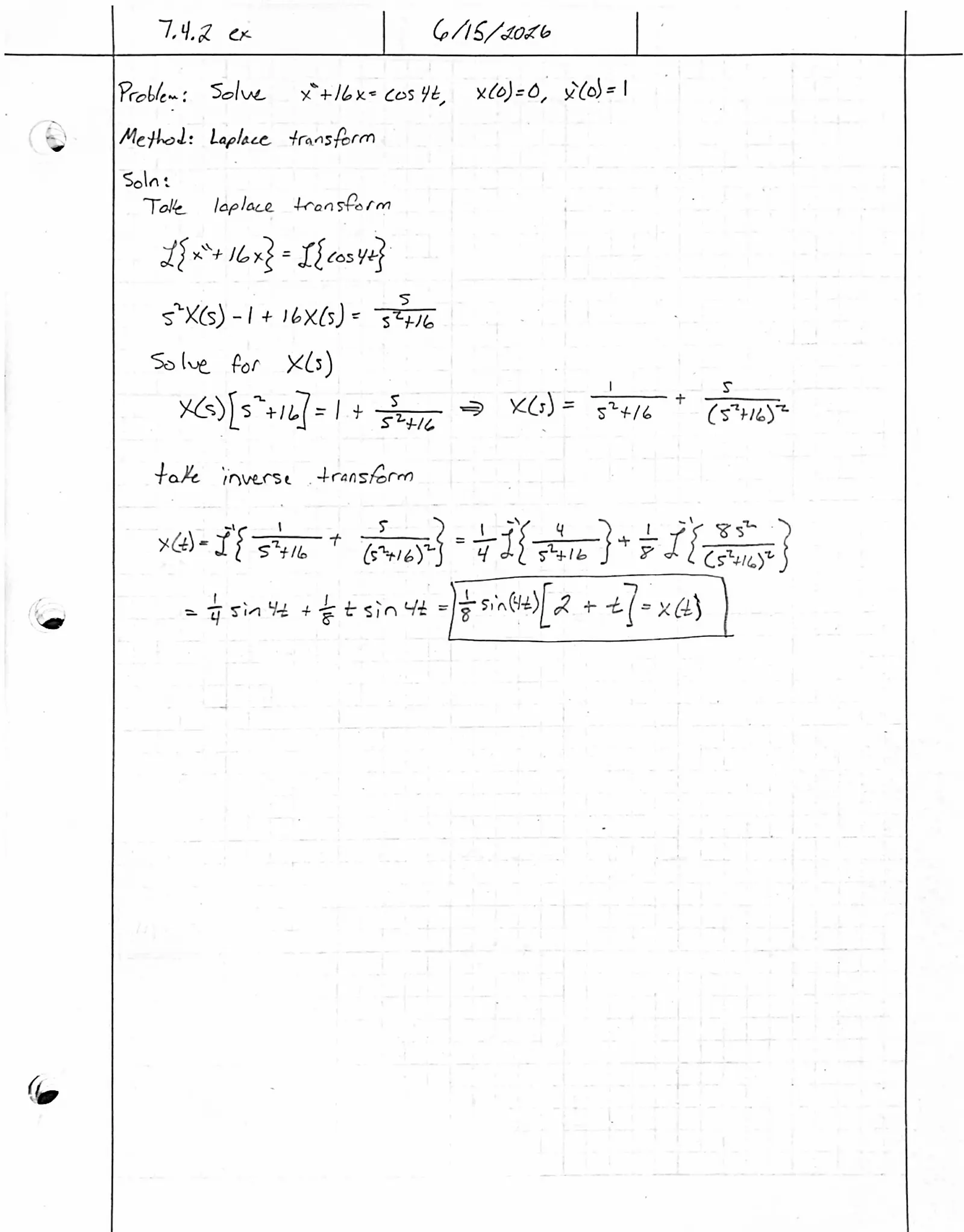 Handwritten solution, page 1 of 1. Solve x″ + 16x = cos 4t with x(0) = 0, x′(0) = 1