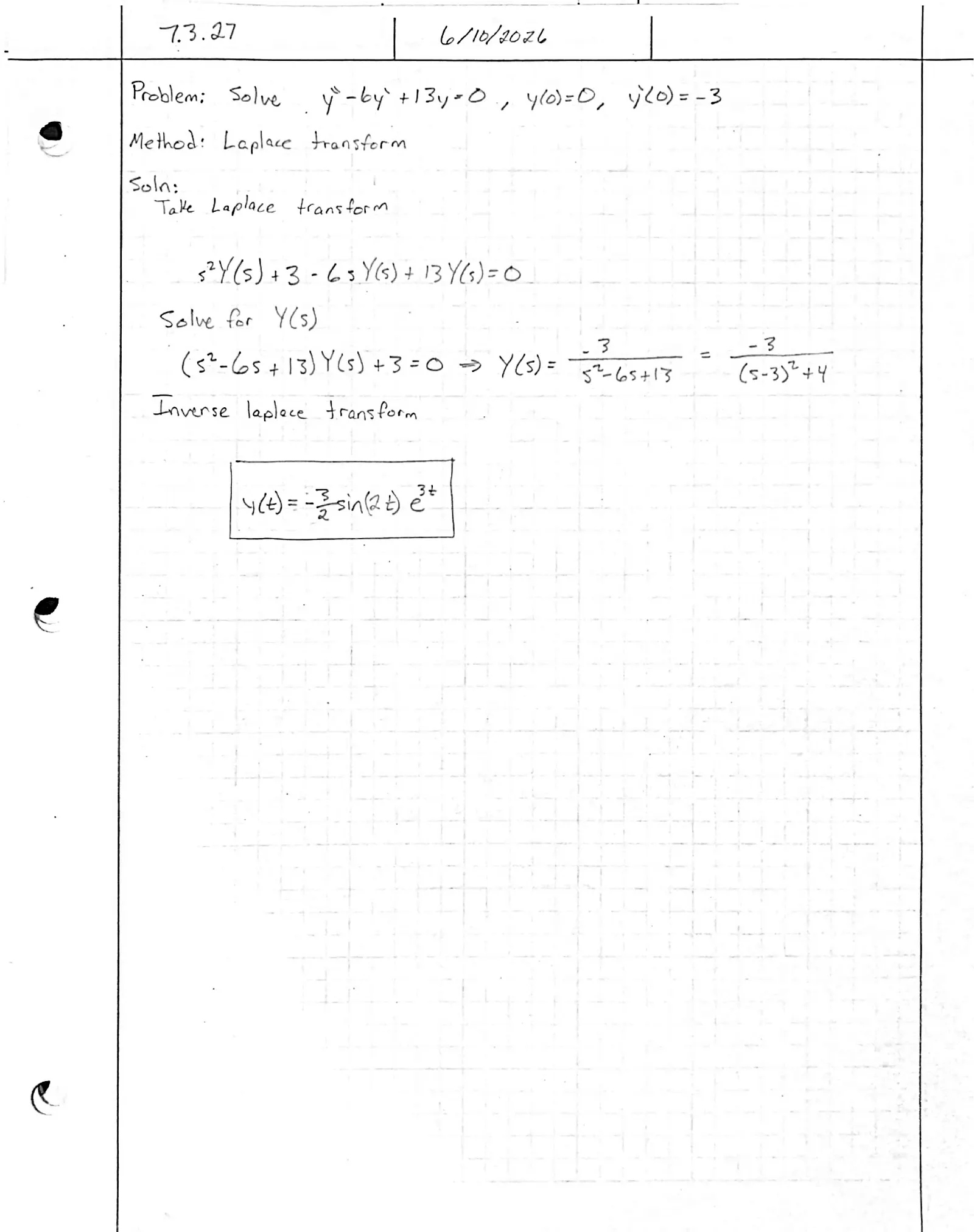 Handwritten solution, page 1 of 1. Solve y″ − 6y′ + 13y = 0 with y(0) = 0, y′(0) = −3