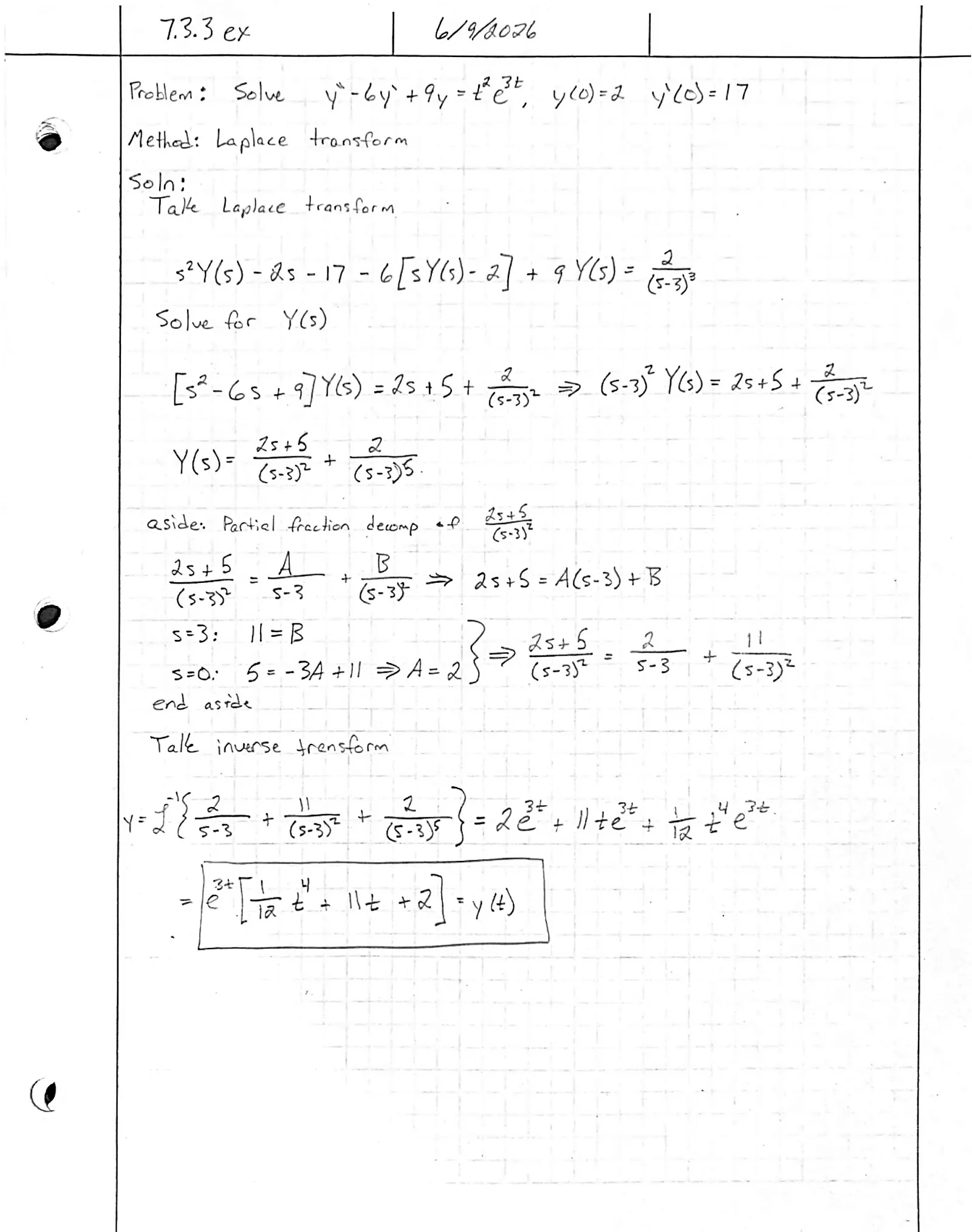 Handwritten solution, page 1 of 1. Solve y″ − 6y′ + 9y = t²e^{3t} with y(0) = 2, y′(0) = 17