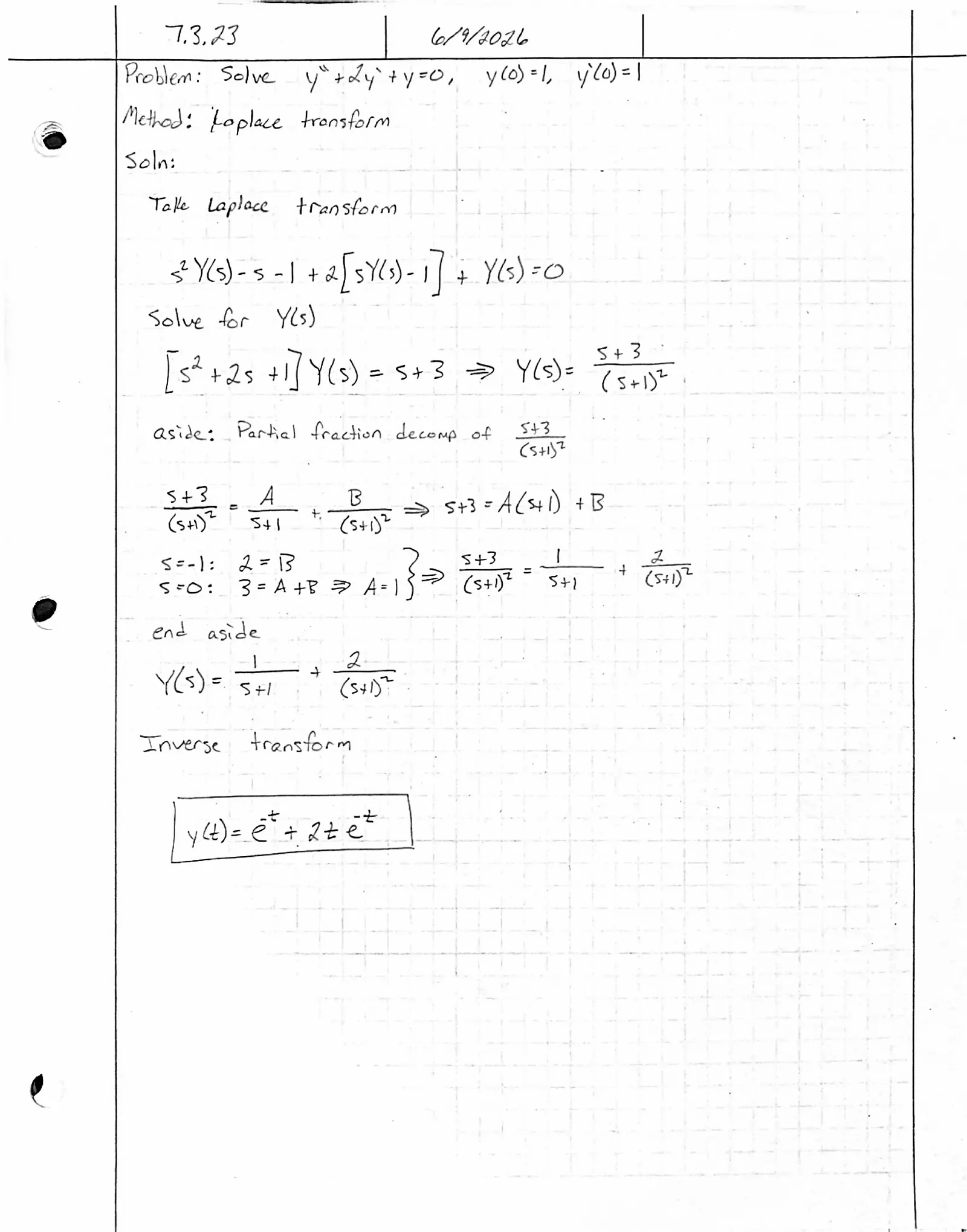 Handwritten solution, page 1 of 1. Solve y″ + 2y′ + y = 0 with y(0) = 1, y′(0) = 1
