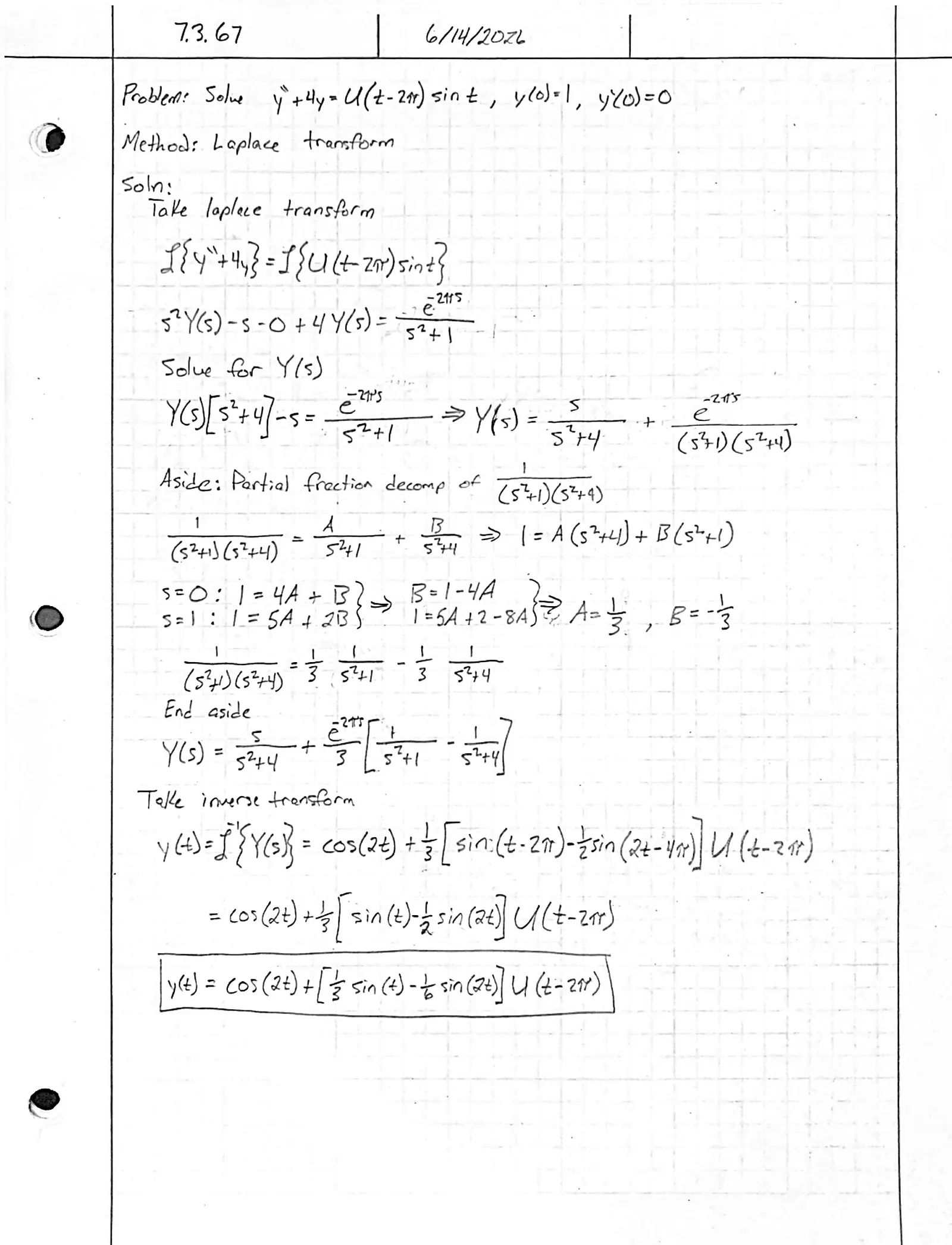 Handwritten solution, page 1 of 1. Solve y″ + 4y = 𝒰(t − 2π) sin t with y(0) = 1, y′(0) = 0