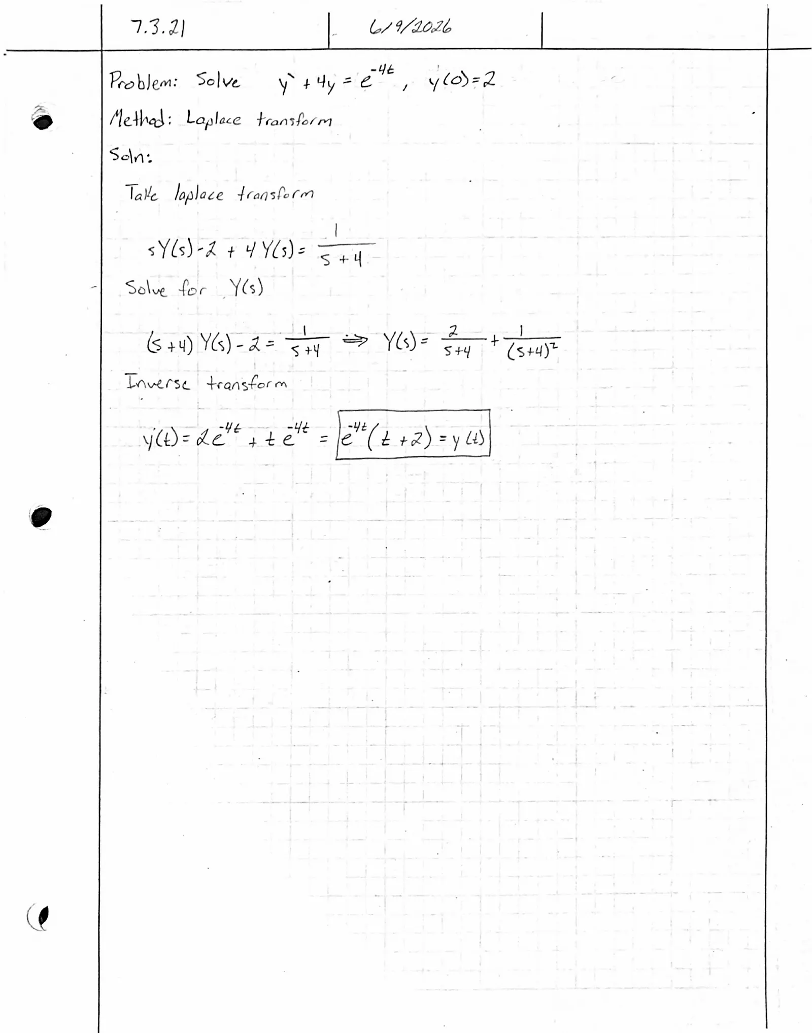Handwritten solution, page 1 of 1. Solve y′ + 4y = e^{−4t} with y(0) = 2