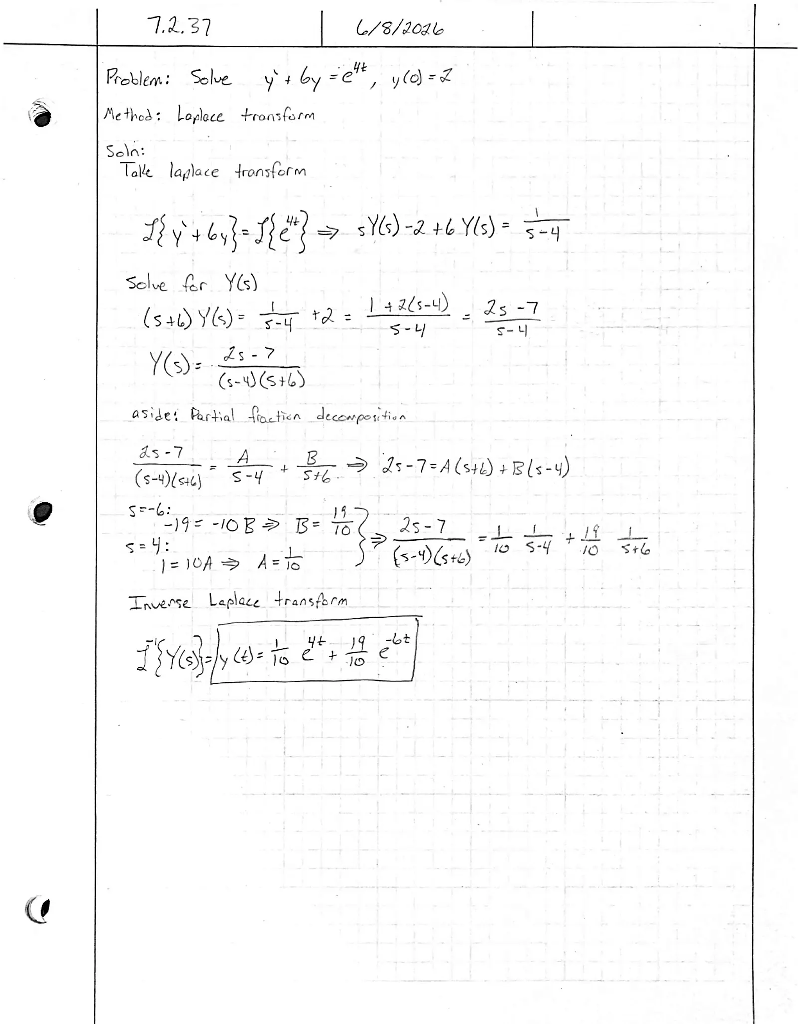 Handwritten solution, page 1 of 1. Solve y′ + 6y = e^{4t} with y(0) = 2