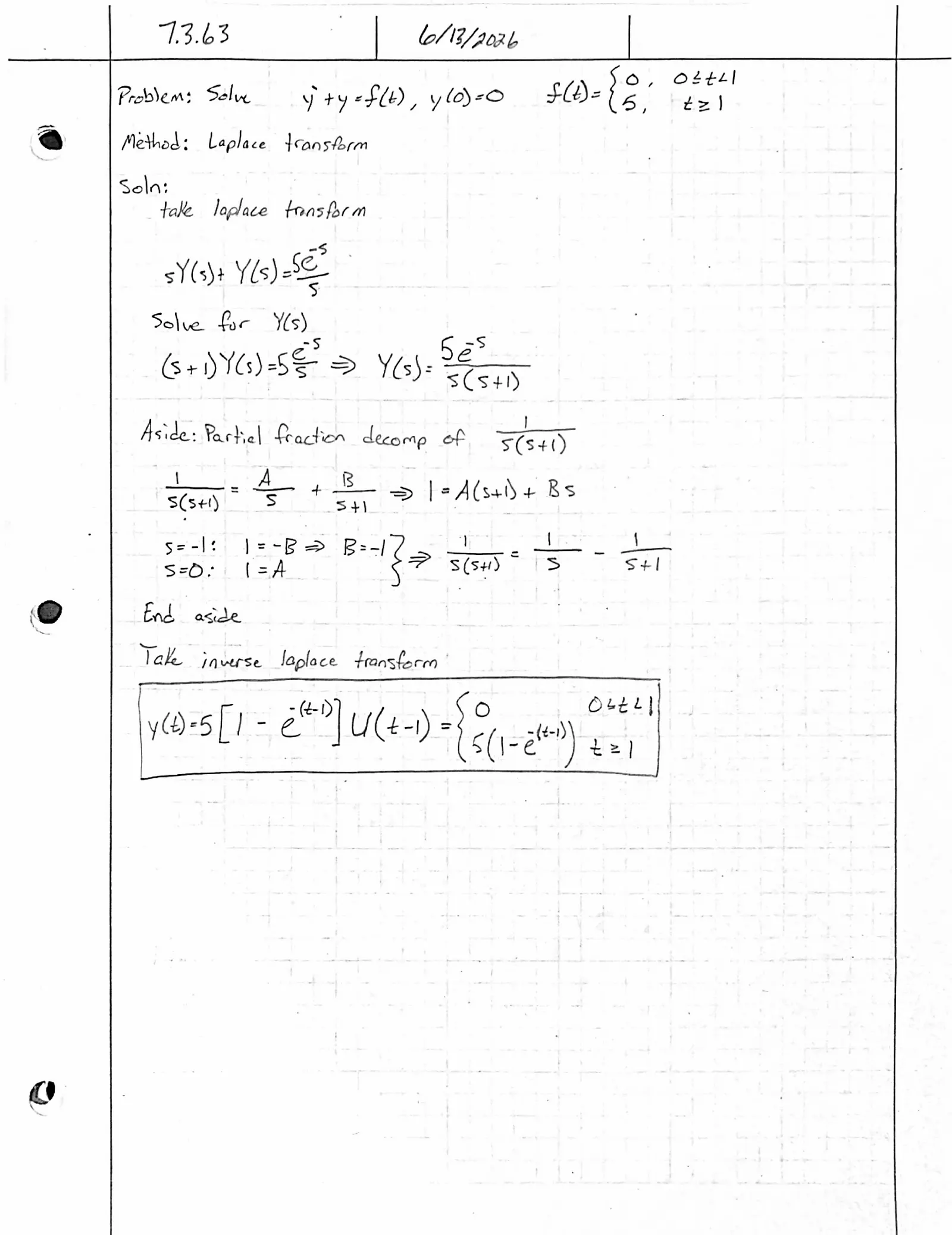 Handwritten solution, page 1 of 1. Solve y′ + y = f(t), y(0) = 0, where f(t) = 0 for 0 ≤ t < 1 and 5 for t ≥ 1