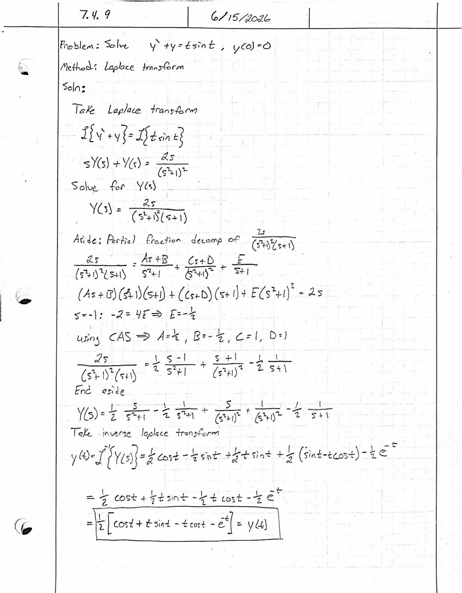 Handwritten solution, page 1 of 1. Solve y′ + y = t sin t with y(0) = 0