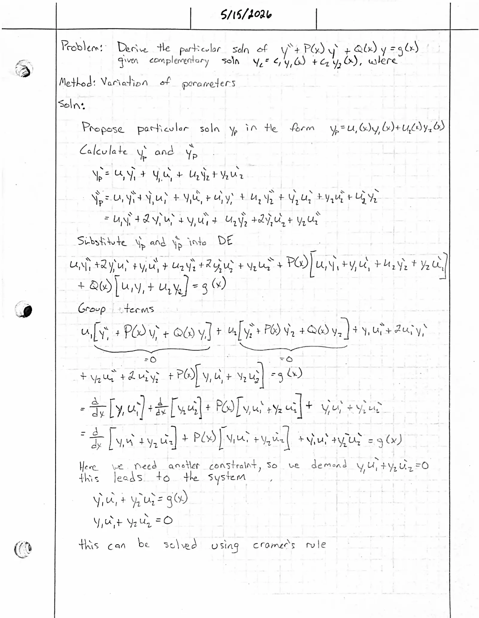 Handwritten solution, page 1 of 2. Derive the variation-of-parameters formula for a particular solution of y″ + P(x)y′ + Q(x)y = g(x)