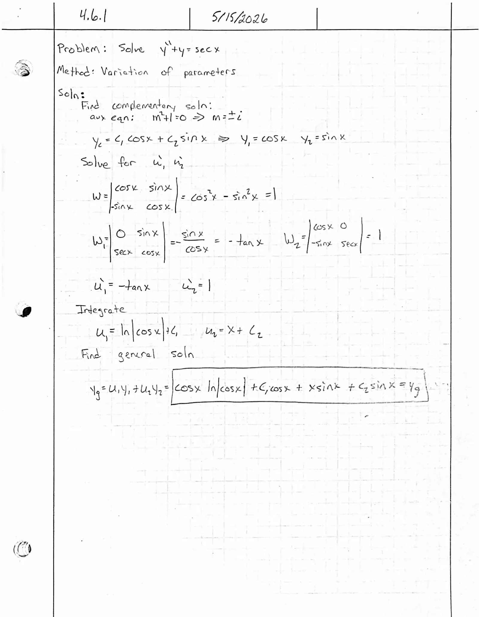 Handwritten solution, page 1 of 1. Solve y″ + y = sec x by variation of parameters