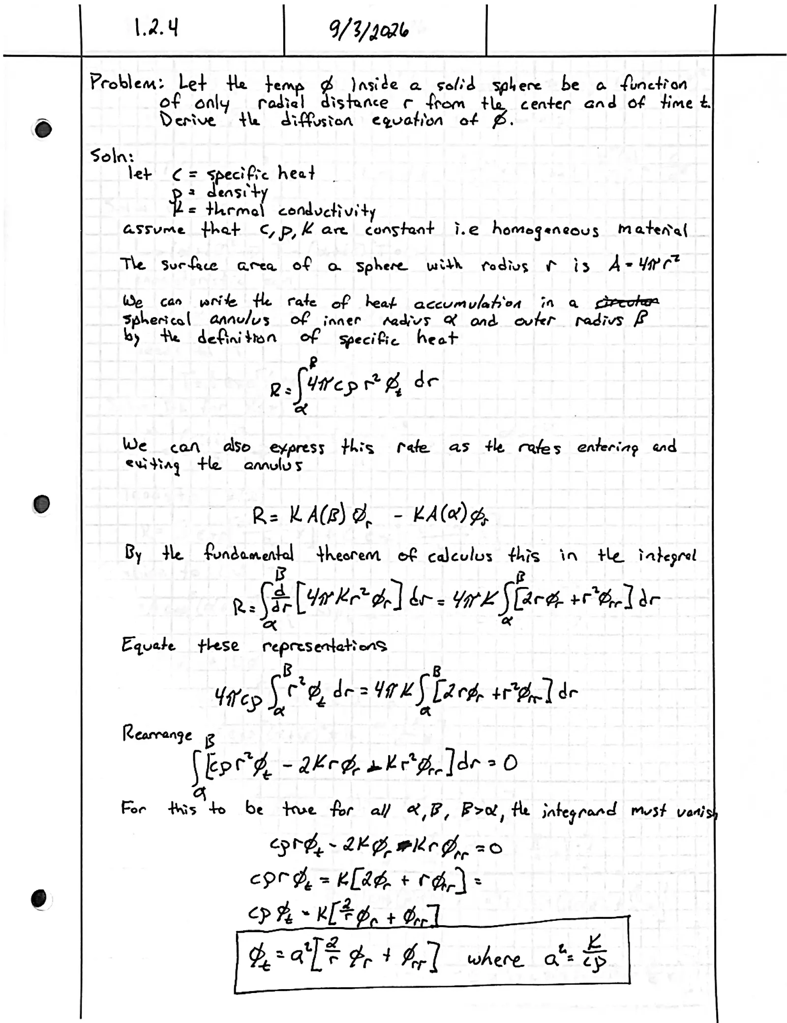 Handwritten solution, page 1 of 1. Derive the diffusion equation for a solid sphere whose temperature depends only on radius and time