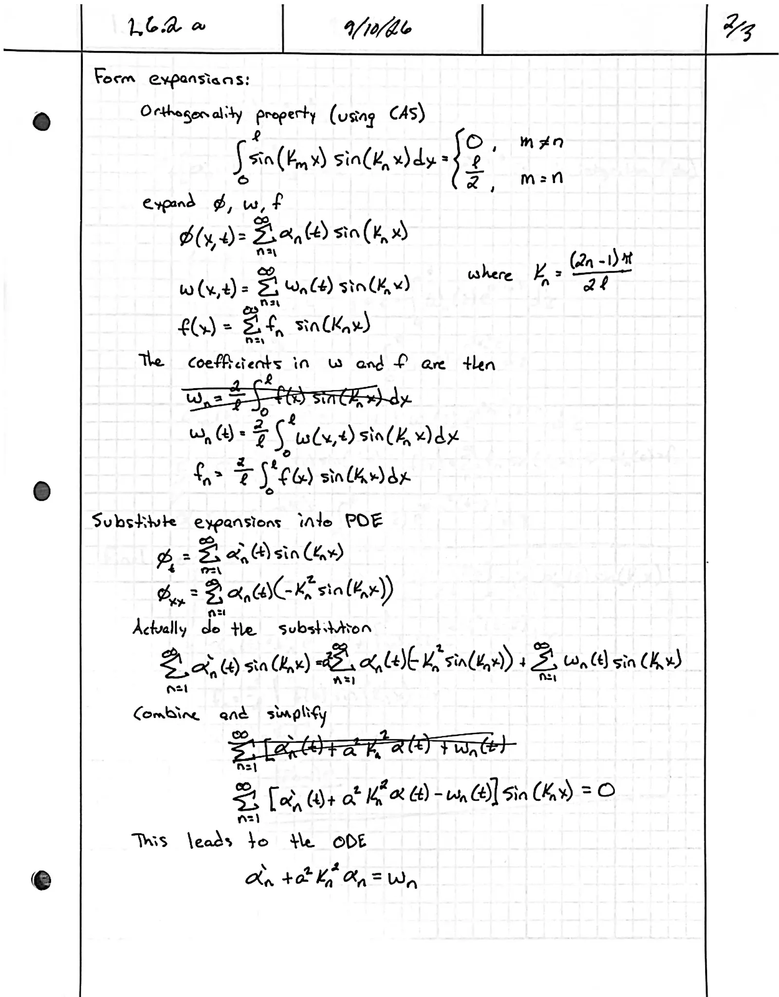 Handwritten solution, page 2 of 3. Solve φ_t = a²φ_xx + w(x, t) on 0 < x < ℓ with φ(x, 0) = f(x) by expanding in the eigenfunctions of β″ + λβ = 0, β(0) = β′(ℓ) = 0